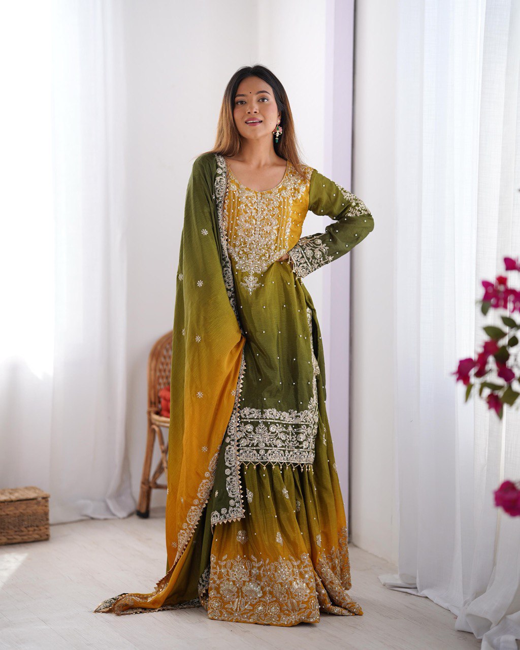 Teeya Creation Multi Color Chinon Silk Heavy Embroidery Work Pakistani Fully Stitched Salwar Suit