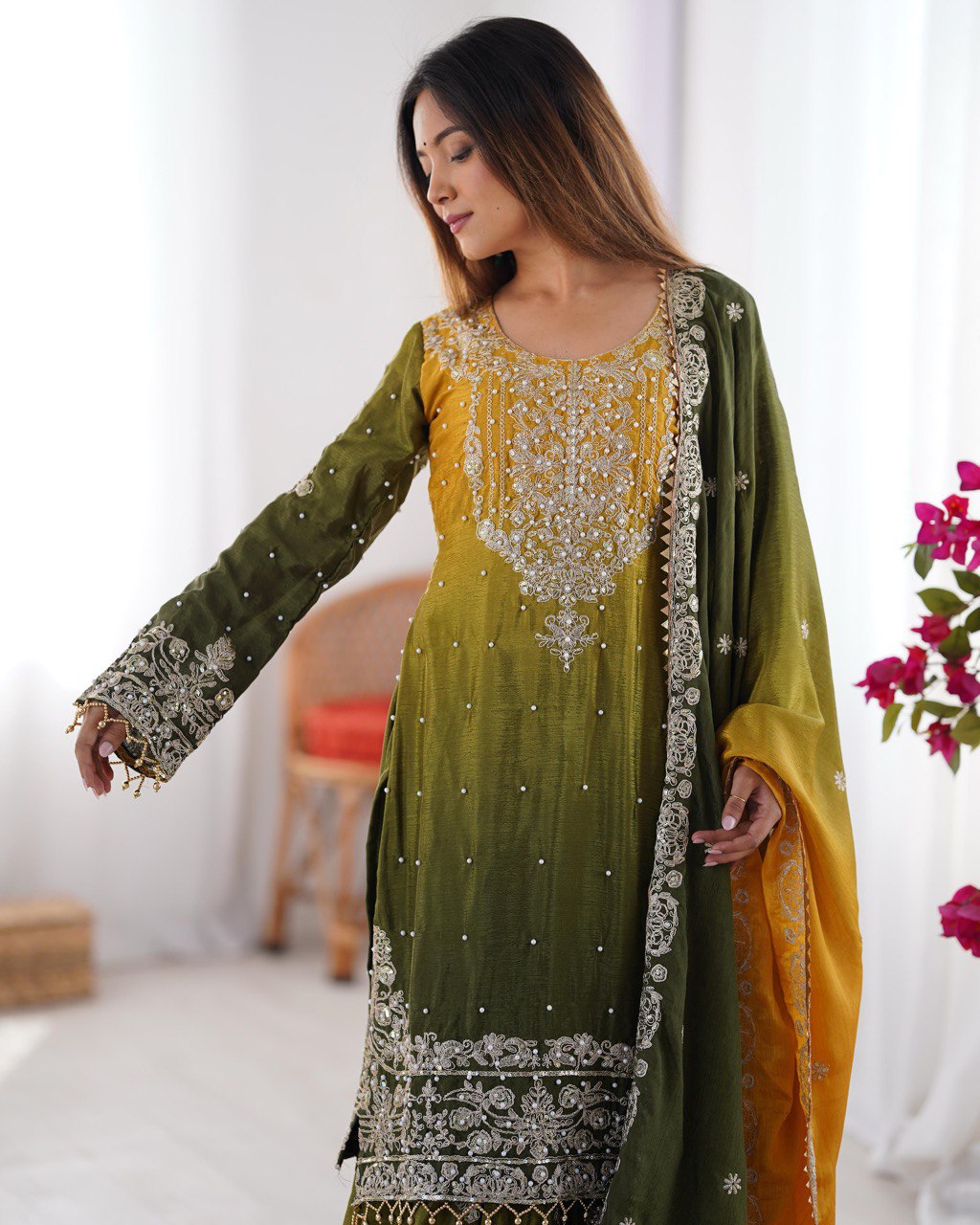 Teeya Creation Multi Color Chinon Silk Heavy Embroidery Work Pakistani Fully Stitched Salwar Suit