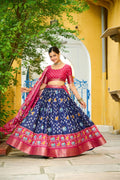 DEIANA'S Jacquard With Jari Lining With Print Lehenga Choli - Navy Blue - Distacart