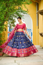 DEIANA'S Jacquard With Jari Lining With Print Lehenga Choli - Navy Blue - Distacart