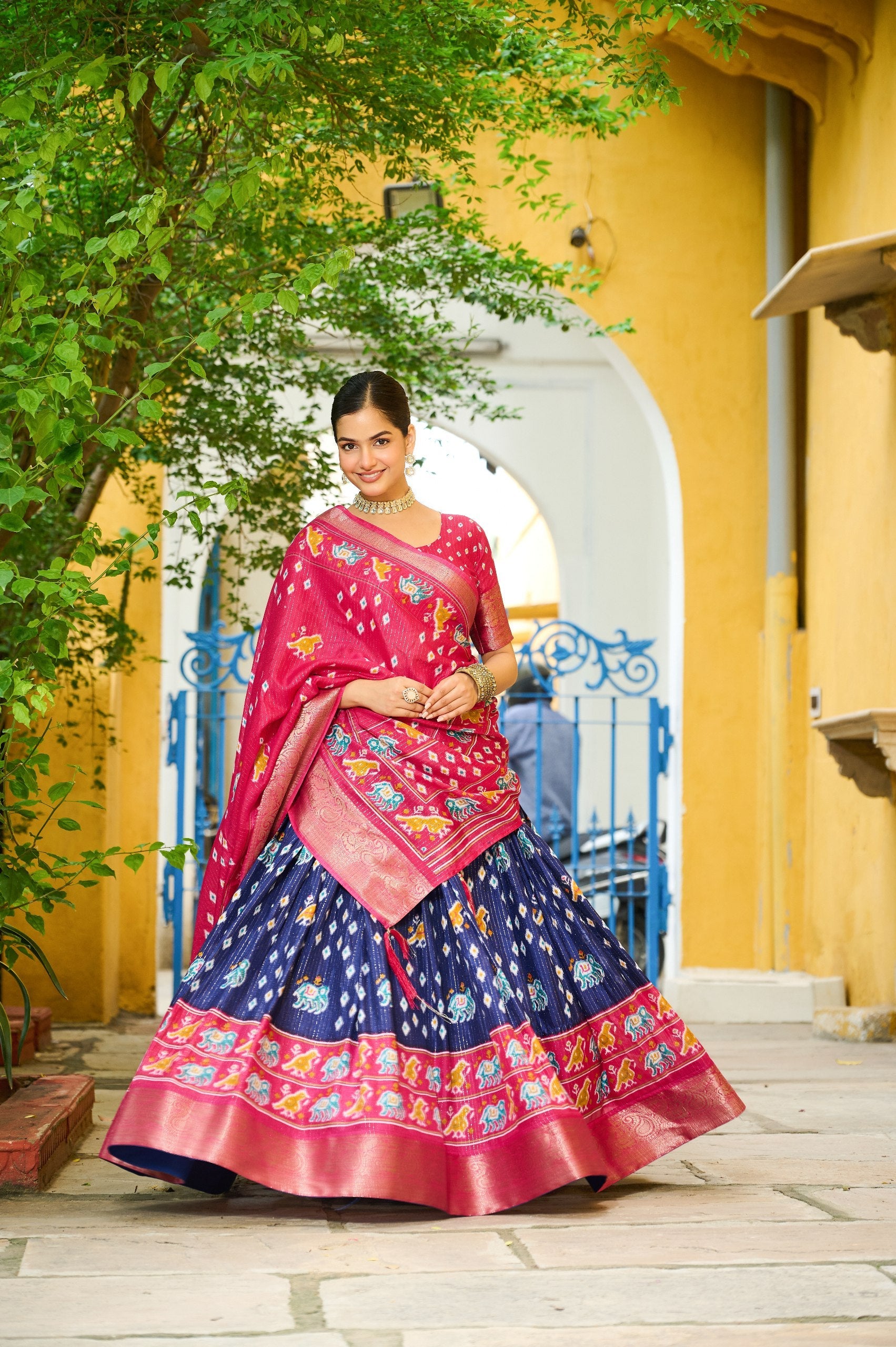 DEIANA'S Jacquard With Jari Lining With Print Lehenga Choli - Navy Blue - Distacart