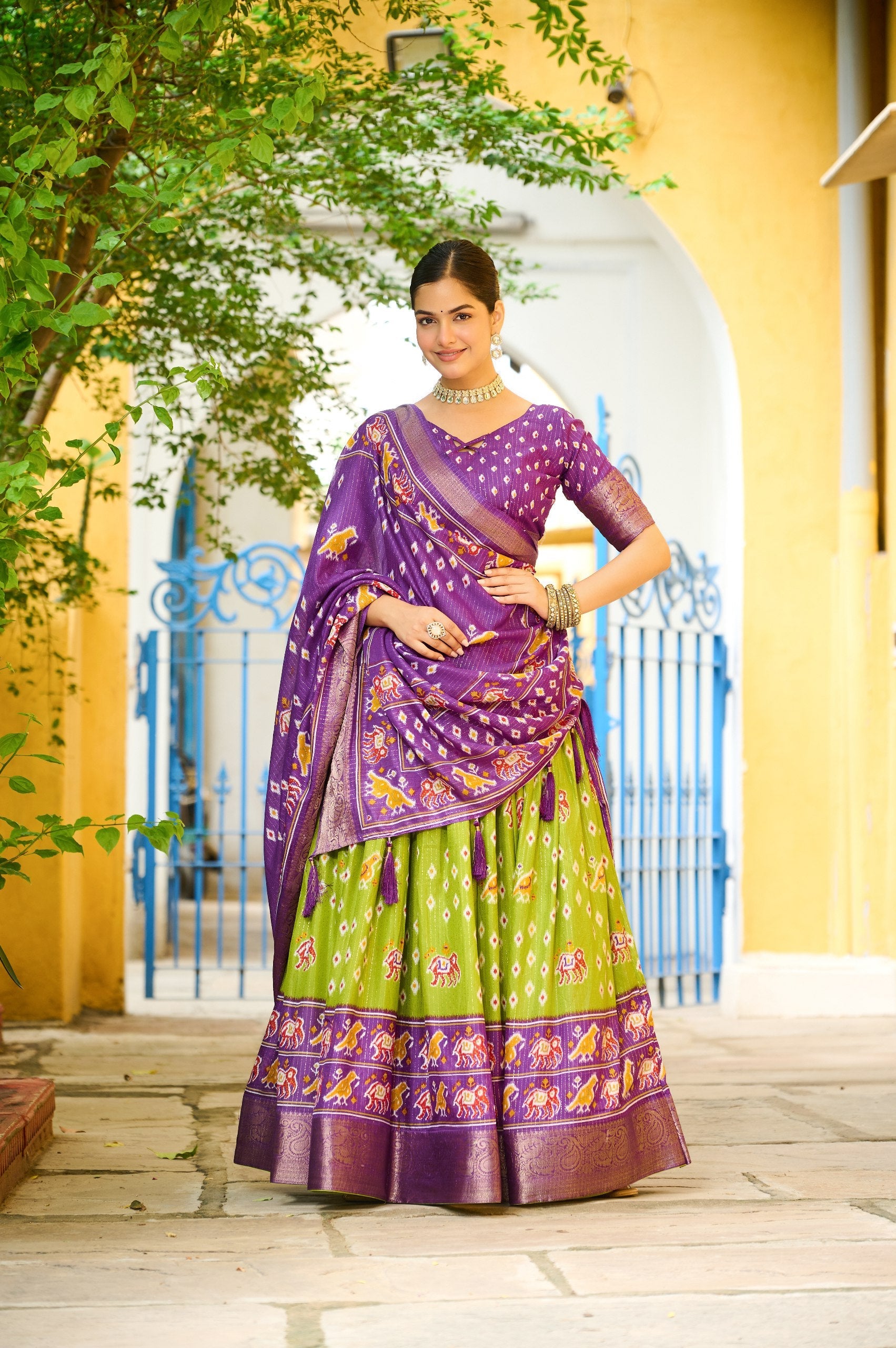 DEIANA'S Jacquard With Jari Lining With Print Lehenga Choli - Mehndi - Distacart