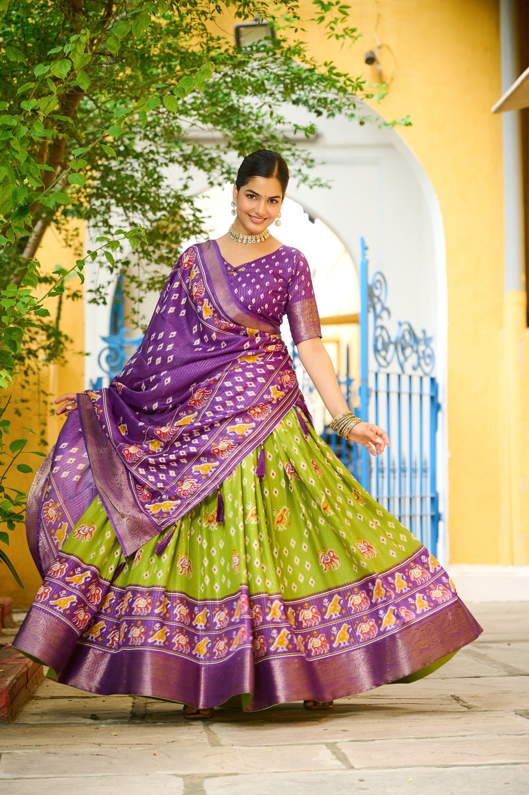 DEIANA'S Jacquard With Jari Lining With Print Lehenga Choli - Mehndi - Distacart