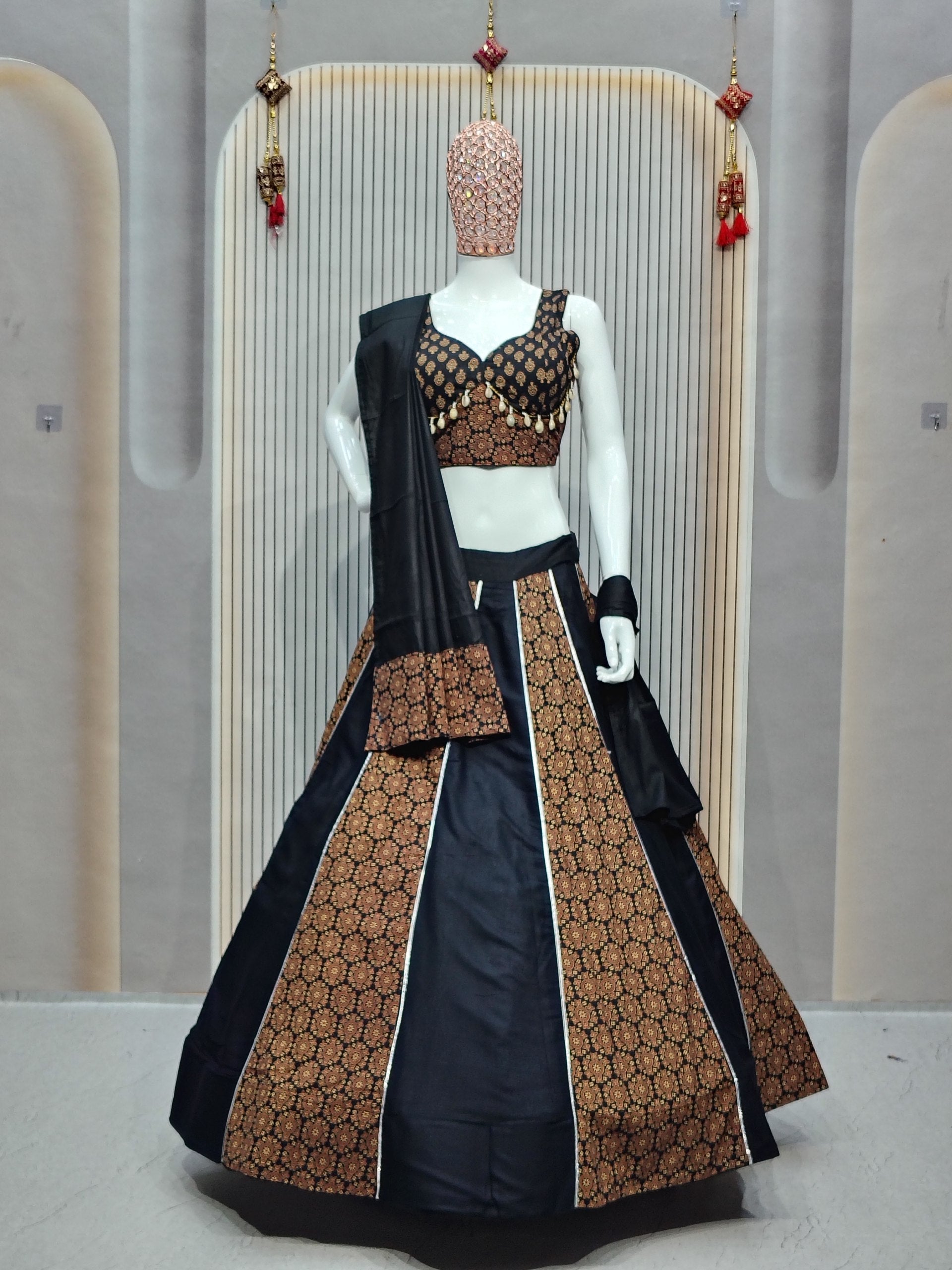 DEIANA'S Ajarak Print With Kali Pattern Lehenga Choli - Black - Distacart