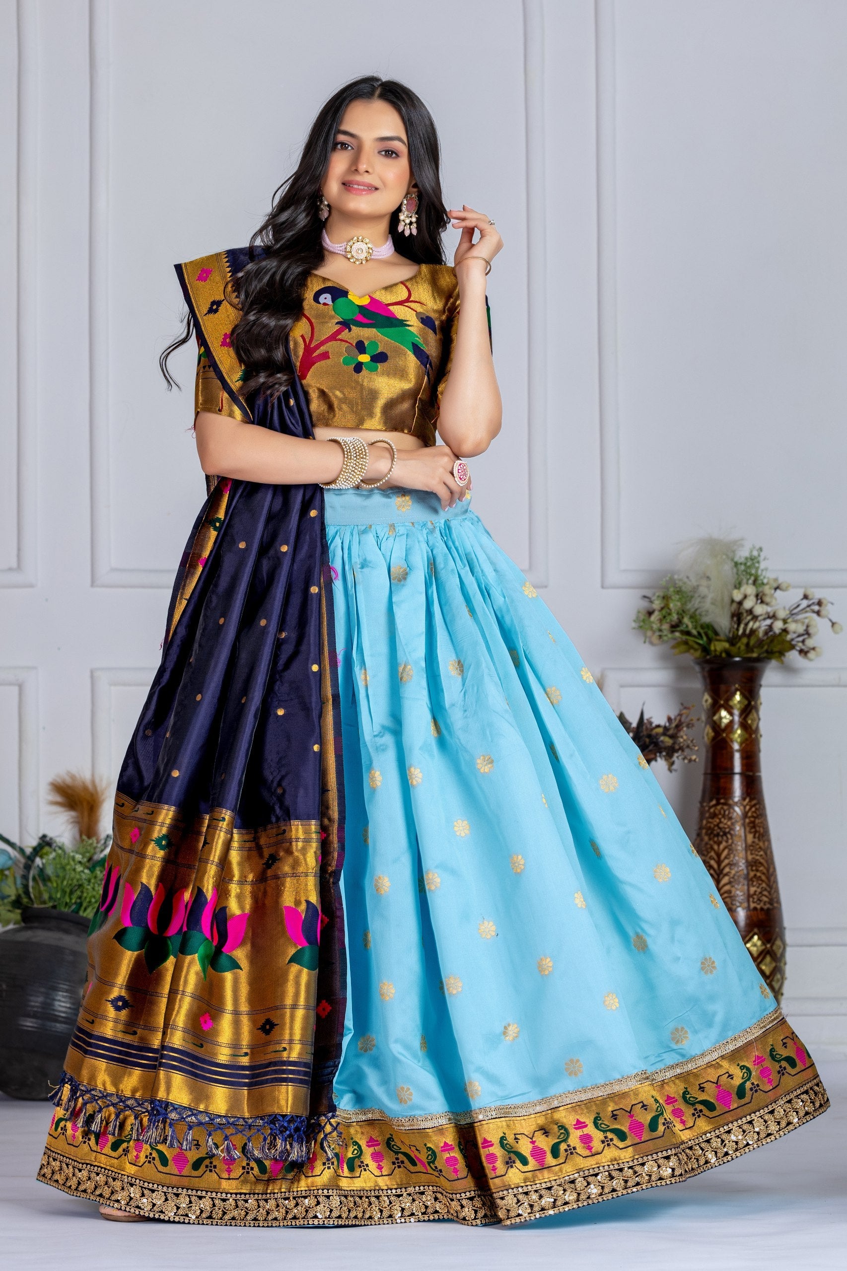 DEIANA'S Jacquard With Jari Print Weaving Lehenga Choli - Sky Blue - Distacart