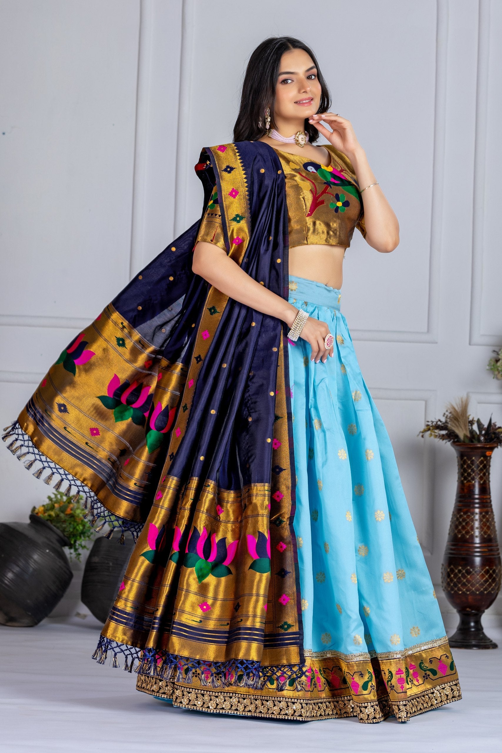 DEIANA'S Jacquard With Jari Print Weaving Lehenga Choli - Sky Blue - Distacart
