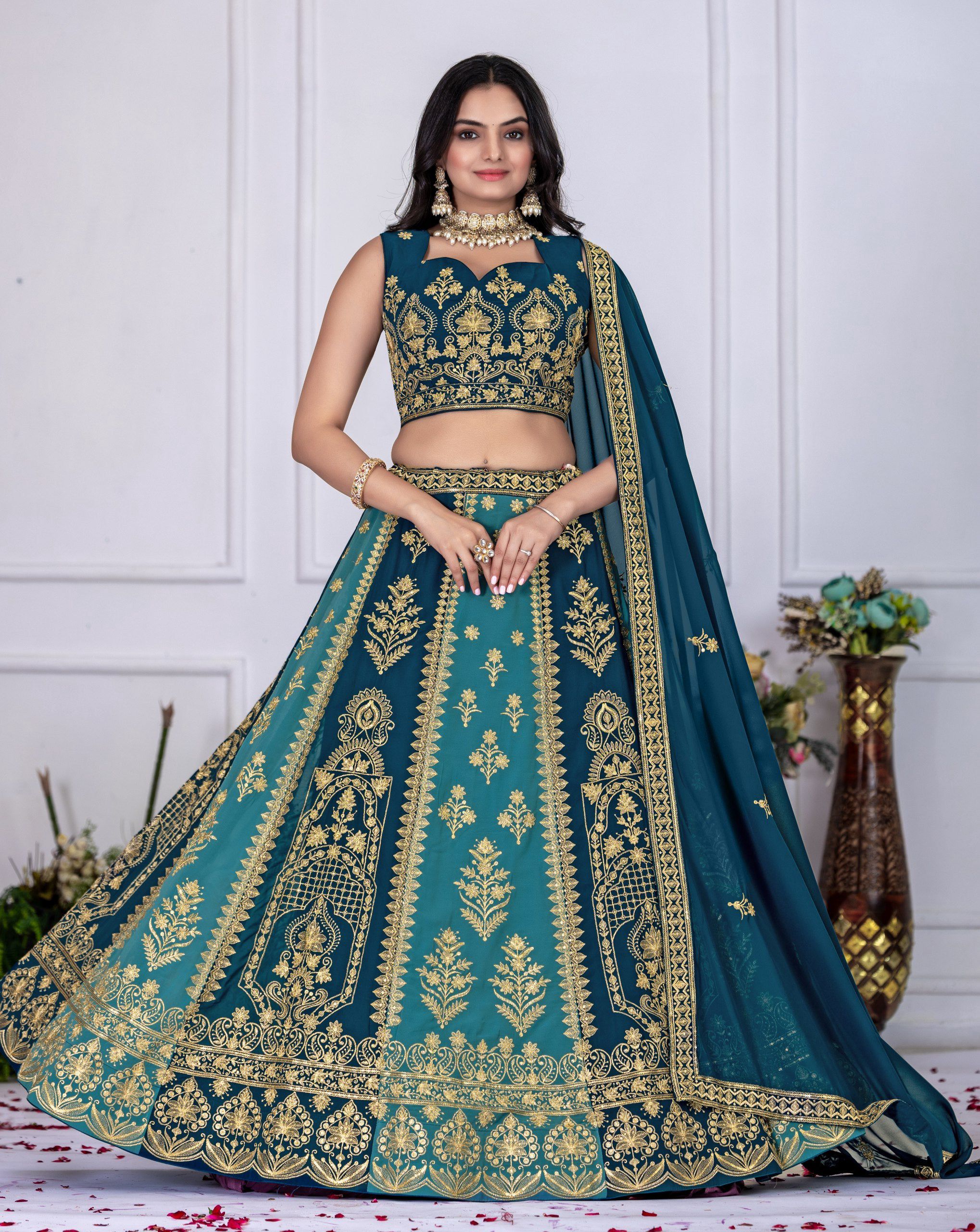 DEIANA'S Heavy Plain with crease work Lehenga Choli - Rama - Distacart