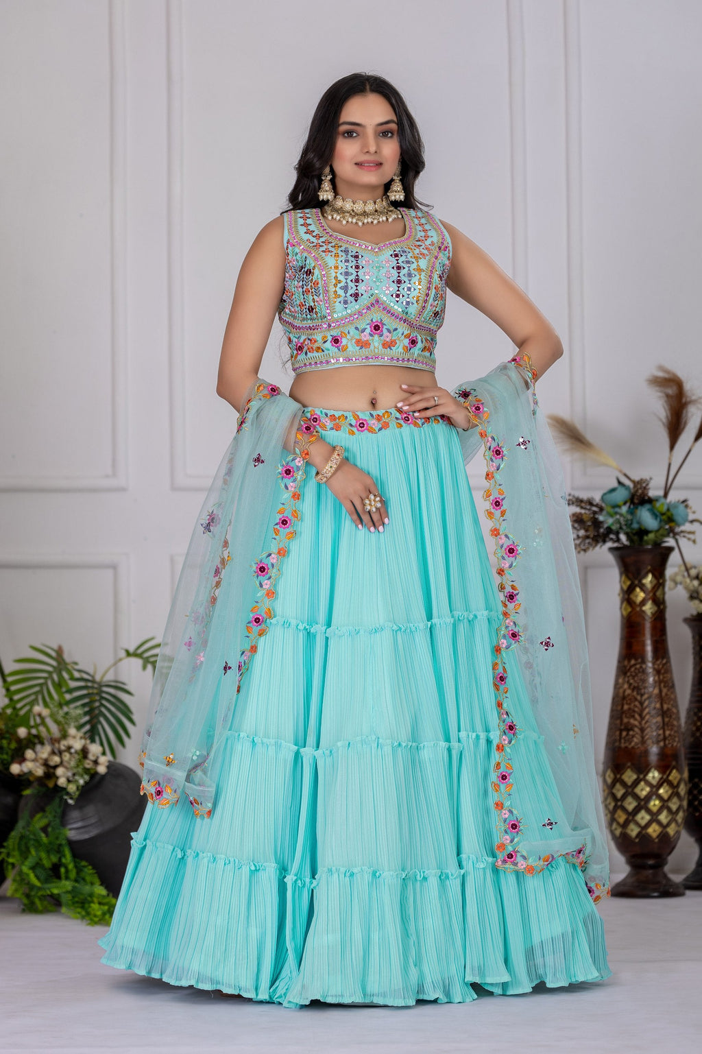 DEIANA'S Heavy Plain with crease work Lehenga Choli - Sky Blue - Distacart