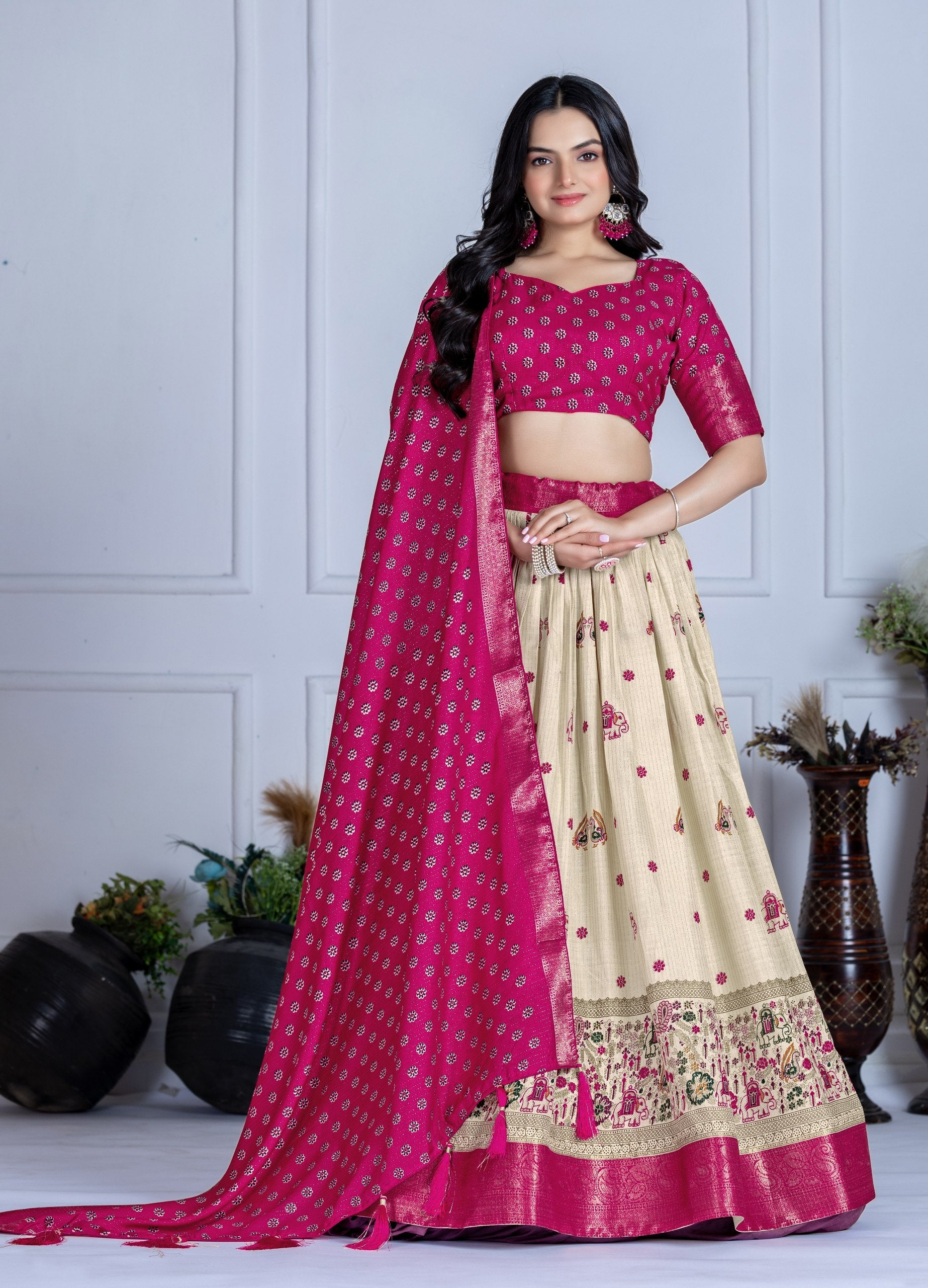 DEIANA'S Jacquard With Jari Print Weaving Lehenga Choli - Off White - Distacart
