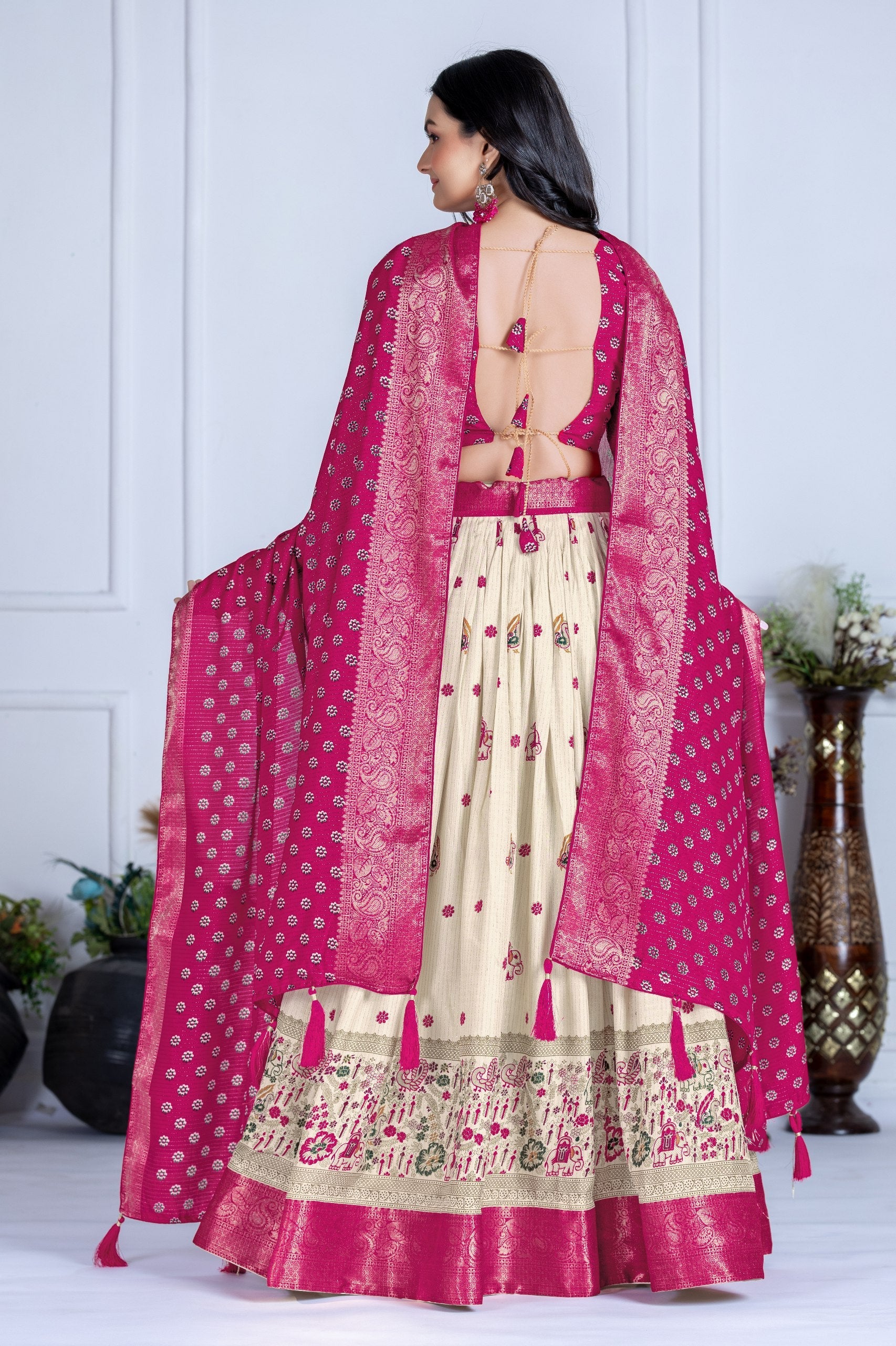DEIANA'S Jacquard With Jari Print Weaving Lehenga Choli - Off White - Distacart