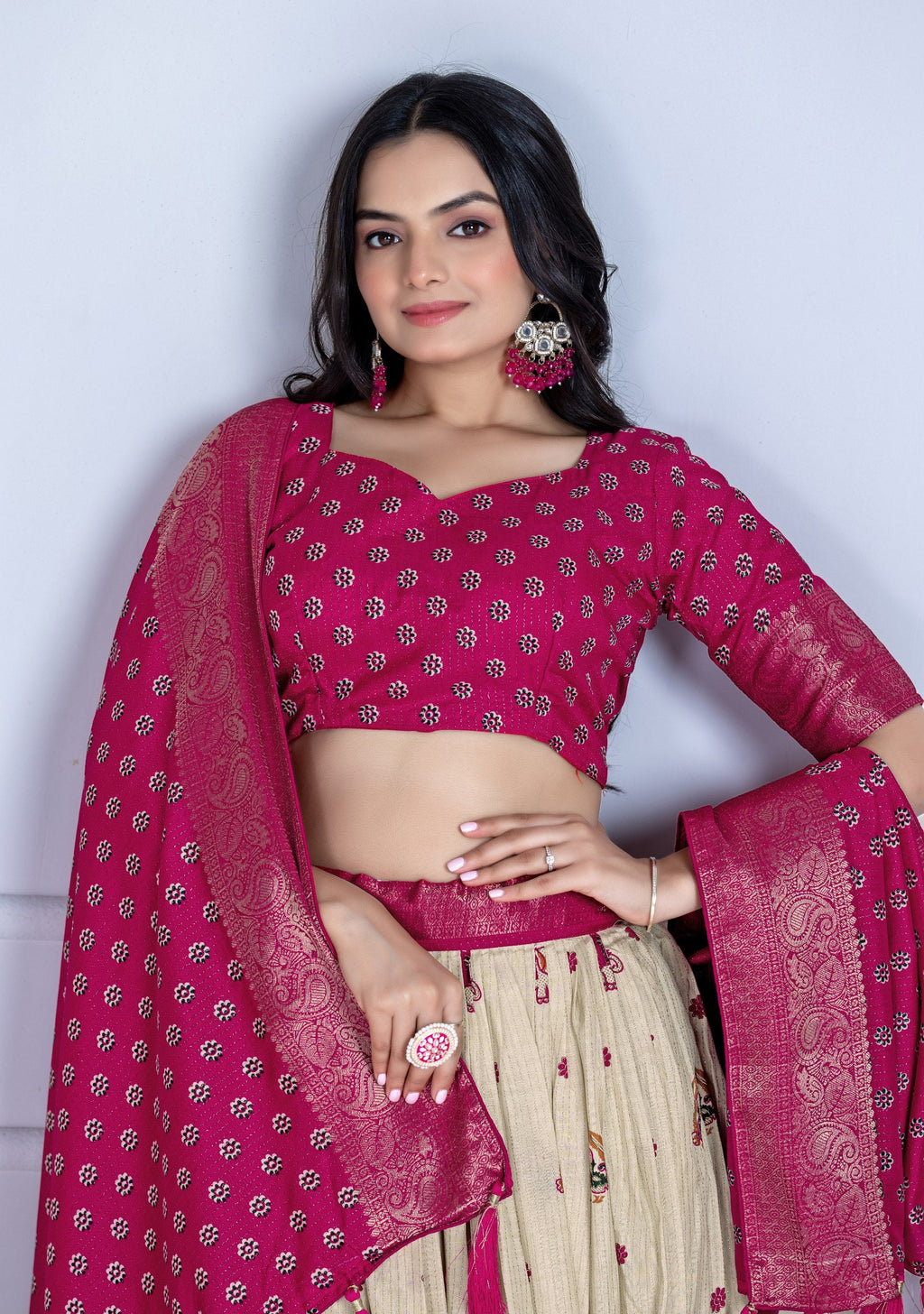 DEIANA'S Jacquard With Jari Print Weaving Lehenga Choli - Off White - Distacart