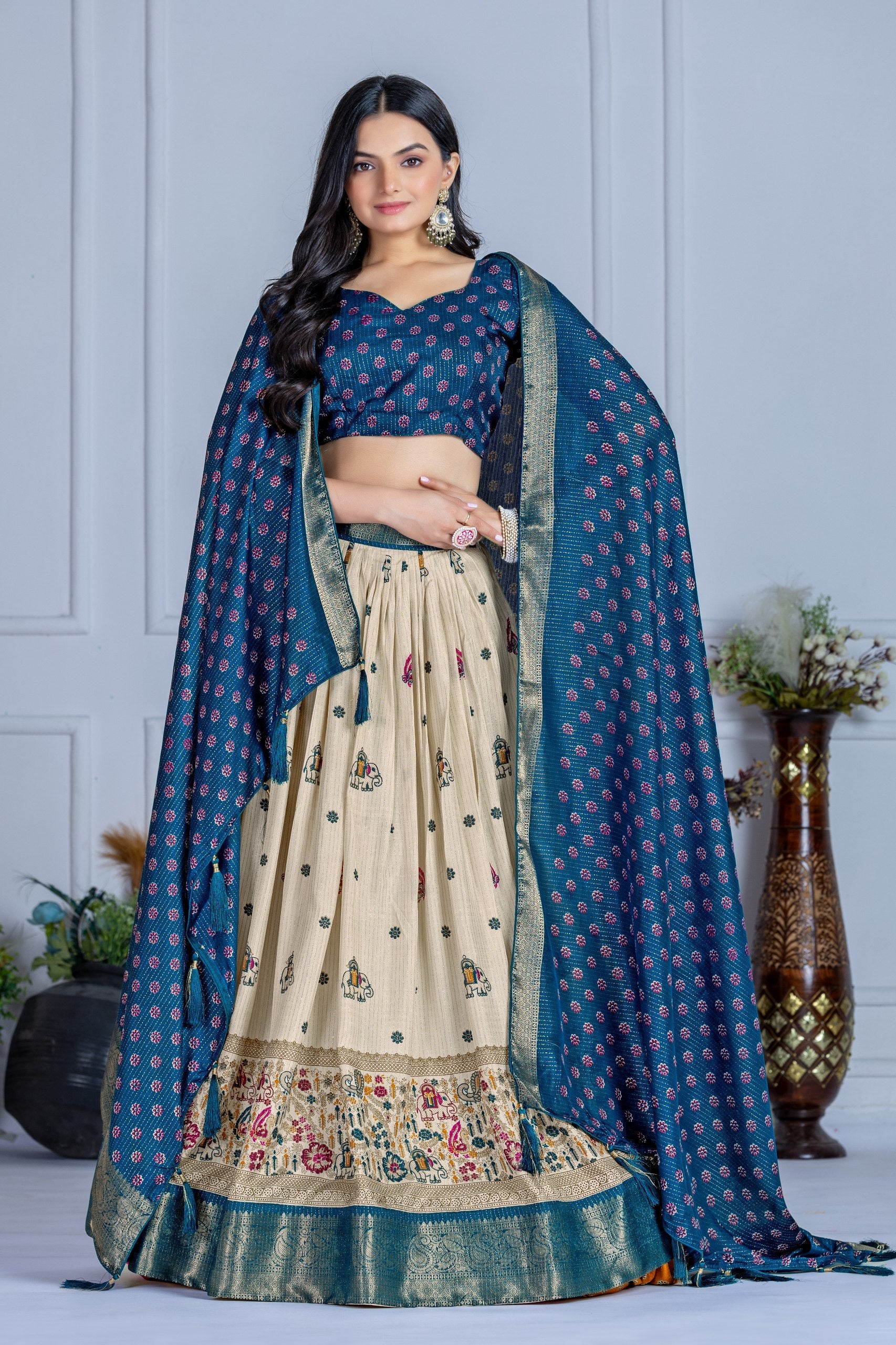 DEIANA'S Jacquard With Jari Print Weaving Lehenga Choli - Off White - Distacart