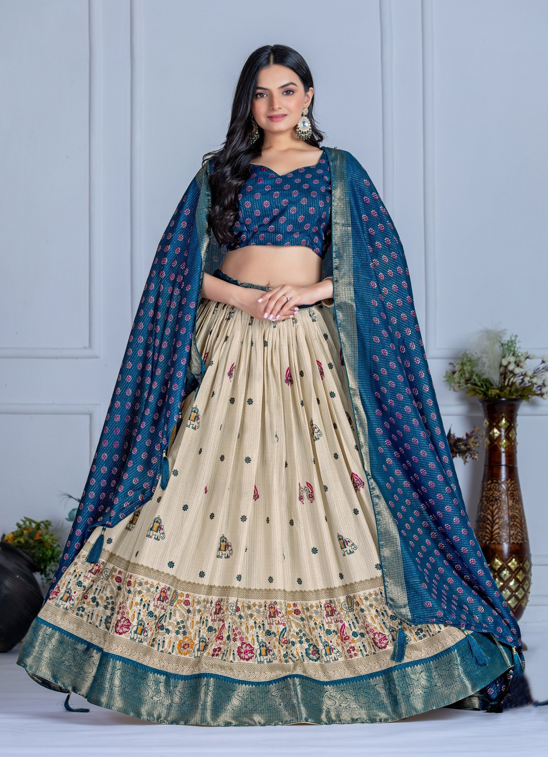 DEIANA'S Jacquard With Jari Print Weaving Lehenga Choli - Off White - Distacart