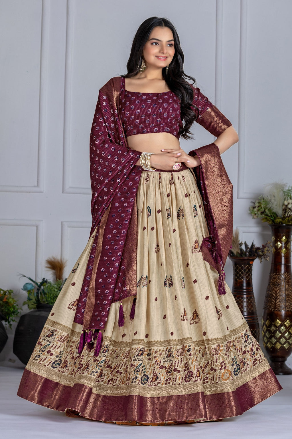 DEIANA'S Jacquard With Jari Print Weaving Lehenga Choli - Off White - Distacart