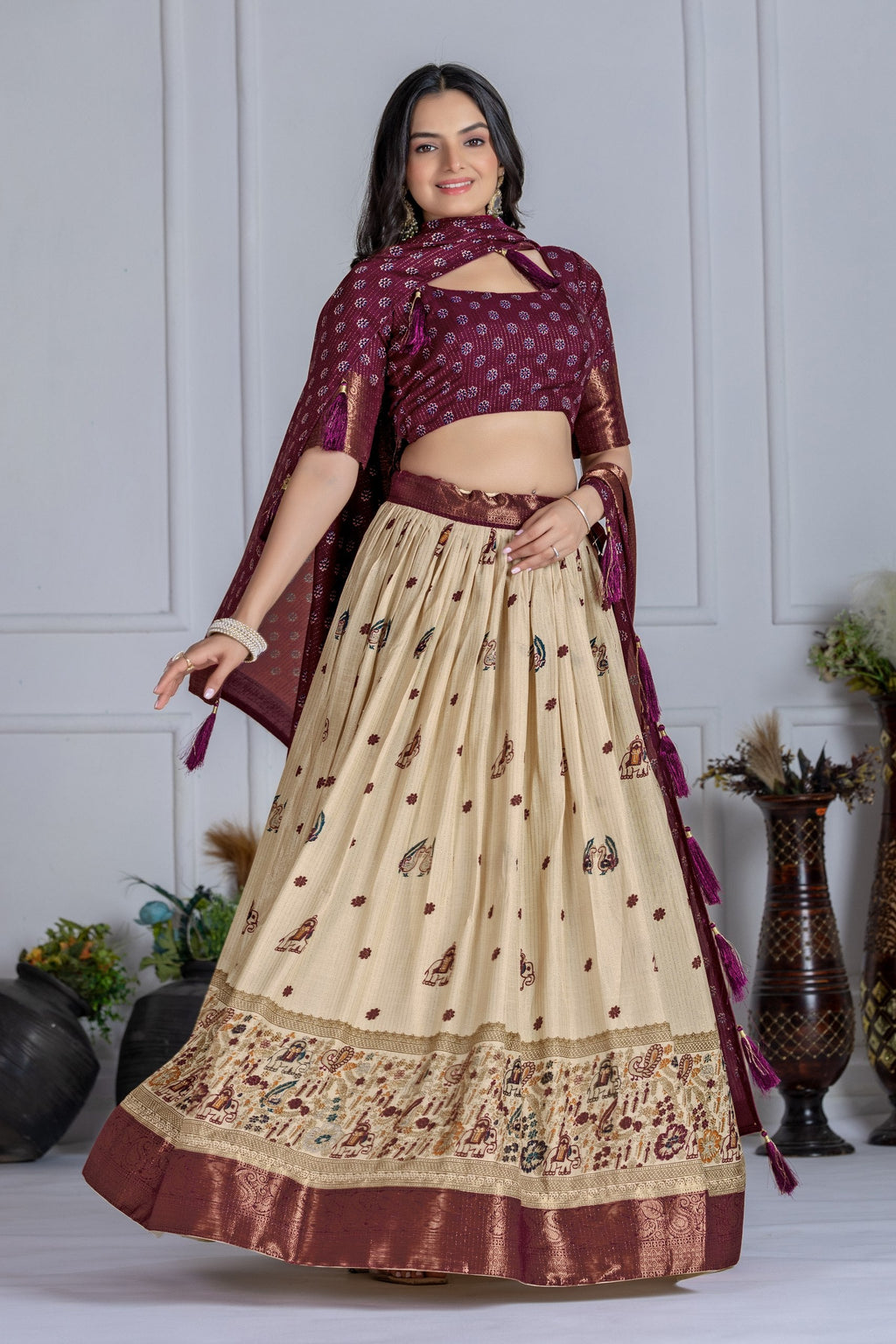 DEIANA'S Jacquard With Jari Print Weaving Lehenga Choli - Off White - Distacart