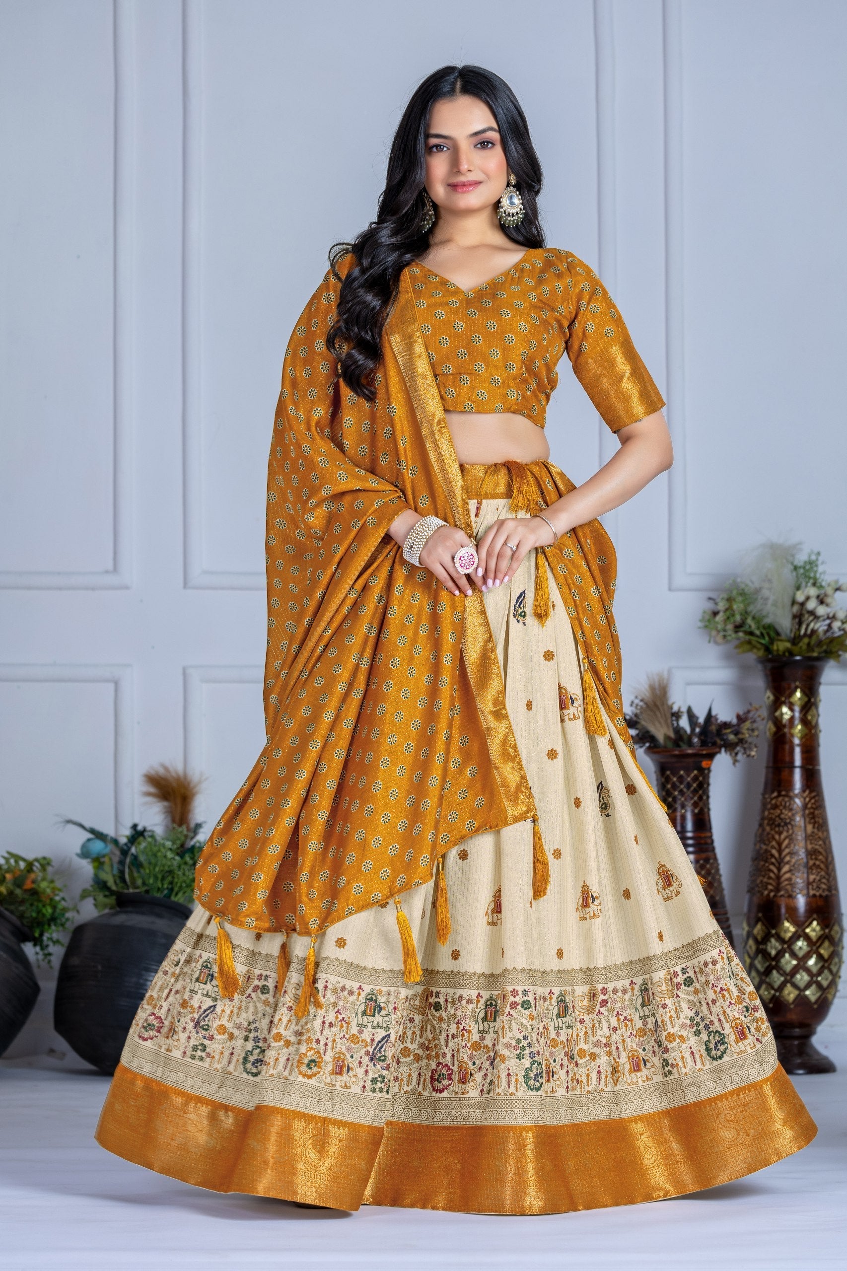 DEIANA'S Jacquard With Jari Print Weaving Lehenga Choli - Off White - Distacart