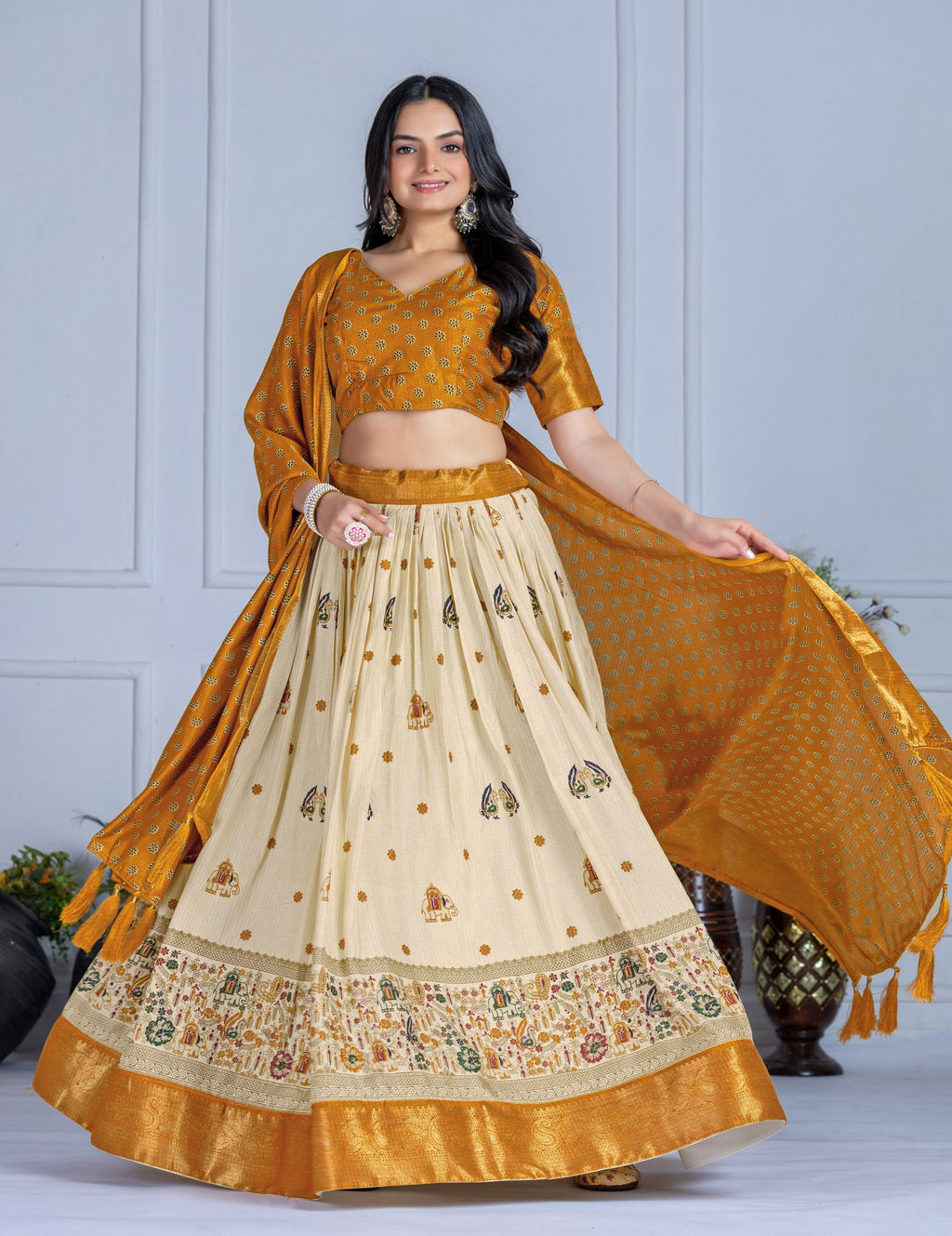 DEIANA'S Jacquard With Jari Print Weaving Lehenga Choli - Off White - Distacart