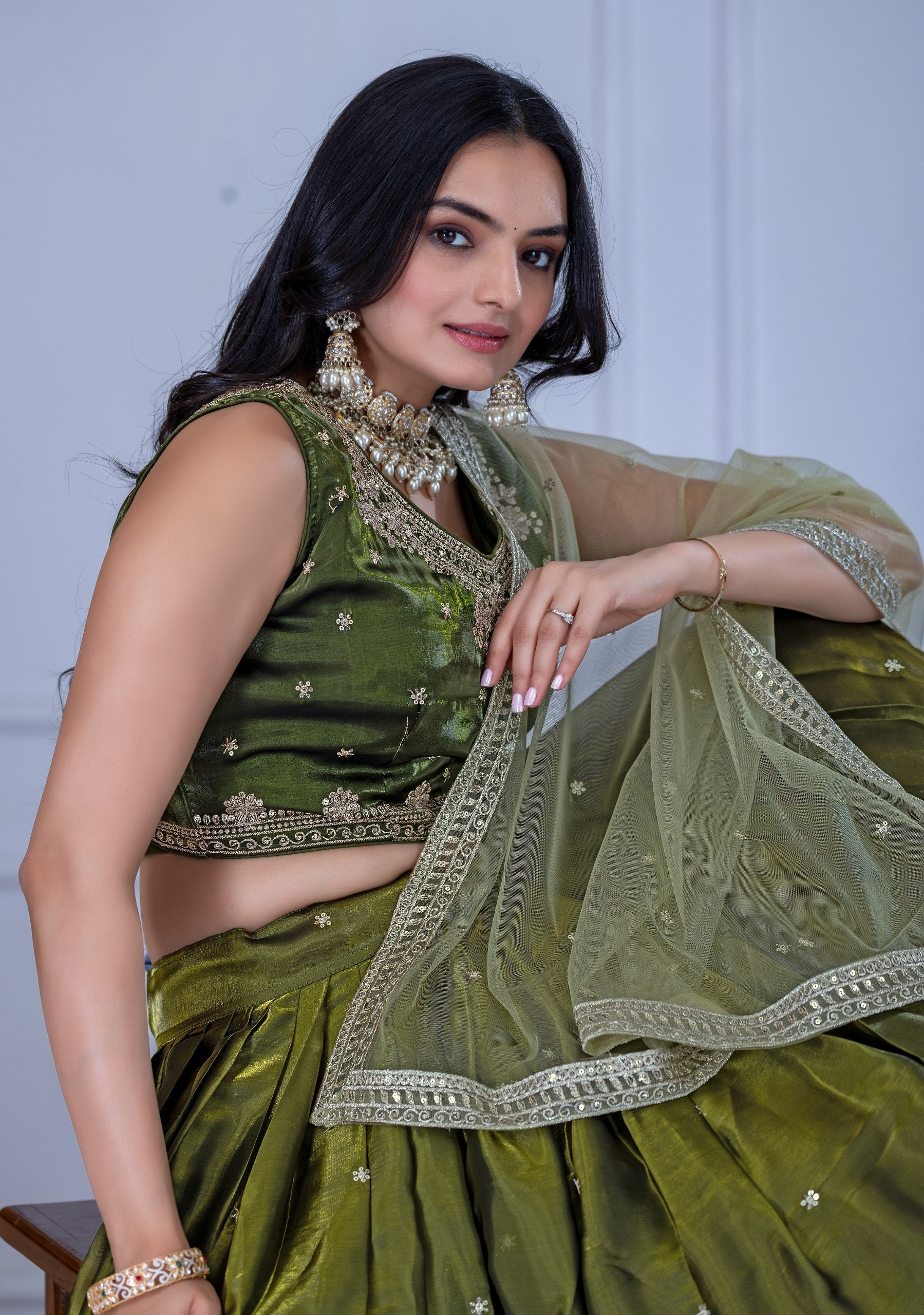 DEIANA'S Heavy Embroidery With Sequence Work Lehenga Choli - Mehndi - Distacart