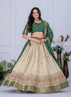 DEIANA'S Jacquard With Jari Lining With Print Lehenga Choli - Off White - Distacart