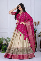 DEIANA'S Jacquard With Jari Lining With Print Lehenga Choli - Off White - Distacart