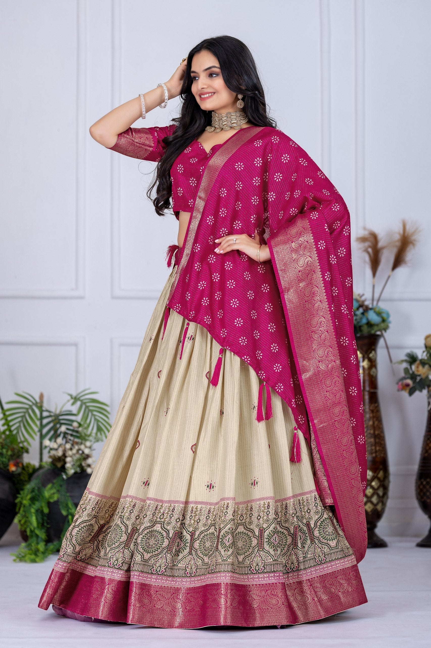 DEIANA'S Jacquard With Jari Lining With Print Lehenga Choli - Off White - Distacart