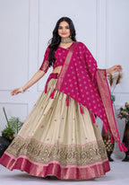 DEIANA'S Jacquard With Jari Lining With Print Lehenga Choli - Off White - Distacart