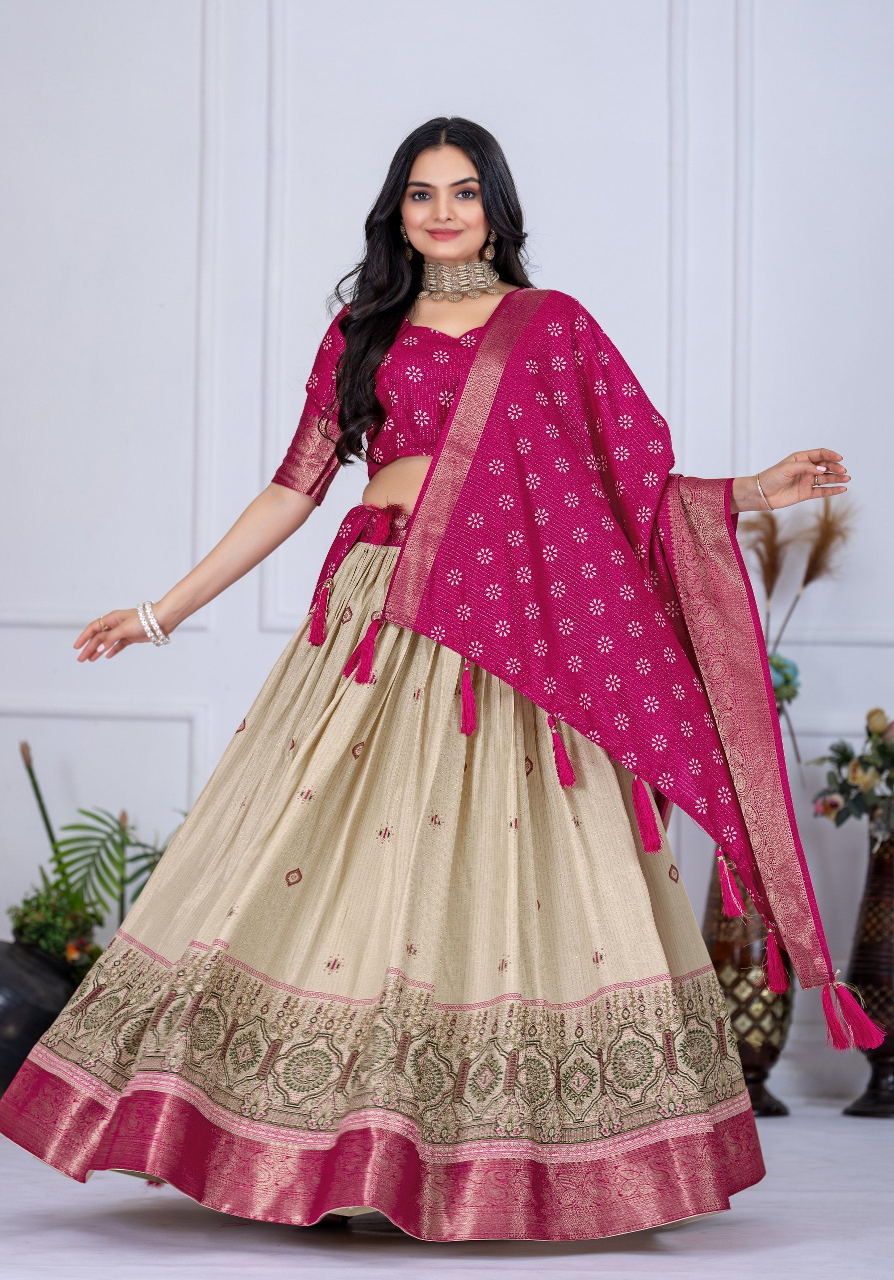DEIANA'S Jacquard With Jari Lining With Print Lehenga Choli - Off White - Distacart
