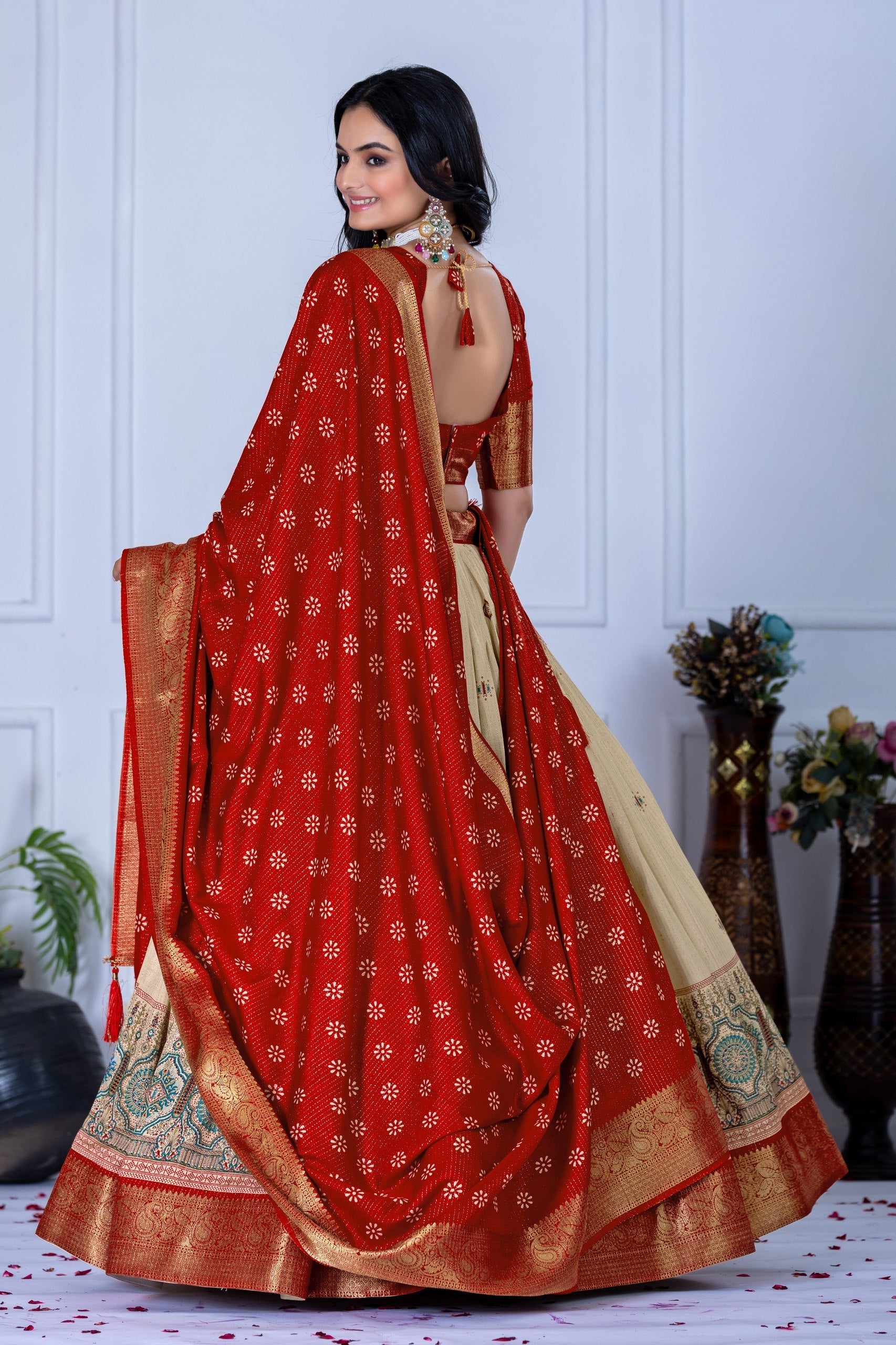 DEIANA'S Jacquard With Jari Lining With Print Lehenga Choli - Off White - Distacart