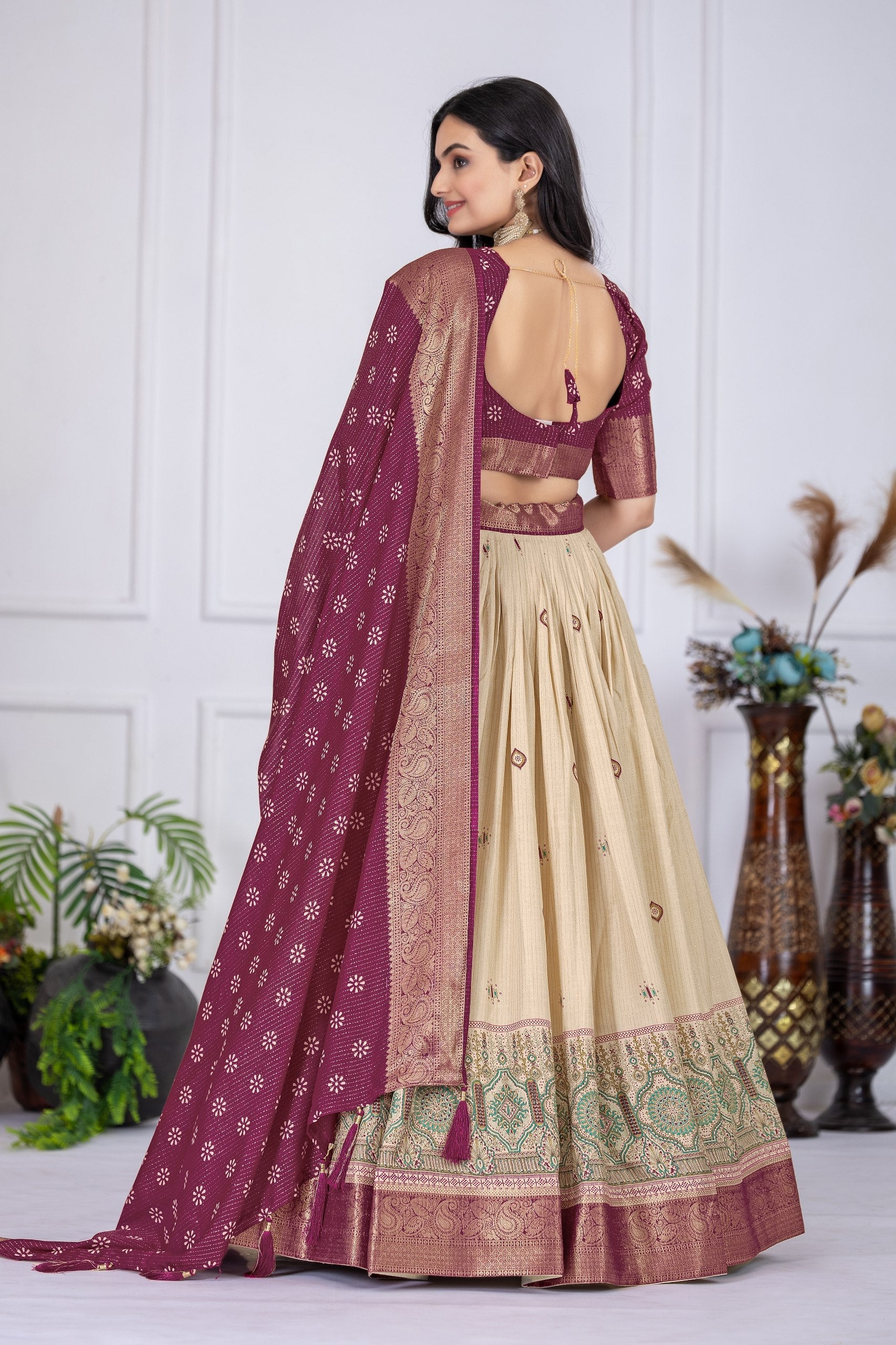 DEIANA'S Jacquard With Jari Lining With Print Lehenga Choli - Off White - Distacart