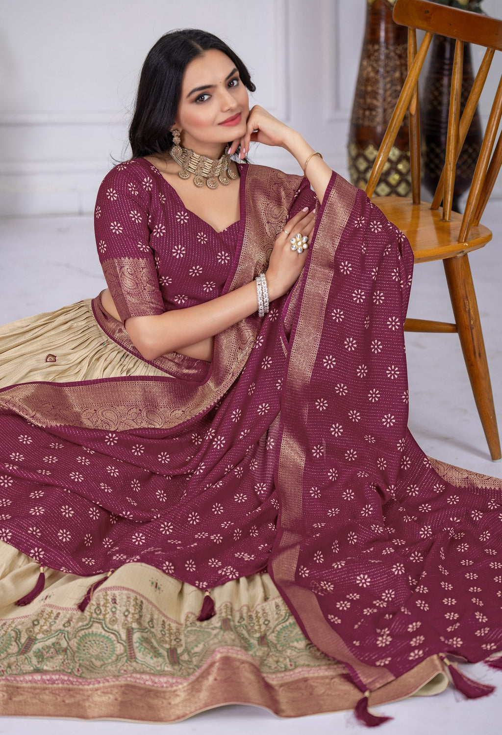 DEIANA'S Jacquard With Jari Lining With Print Lehenga Choli - Off White - Distacart