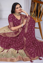 DEIANA'S Jacquard With Jari Lining With Print Lehenga Choli - Off White - Distacart