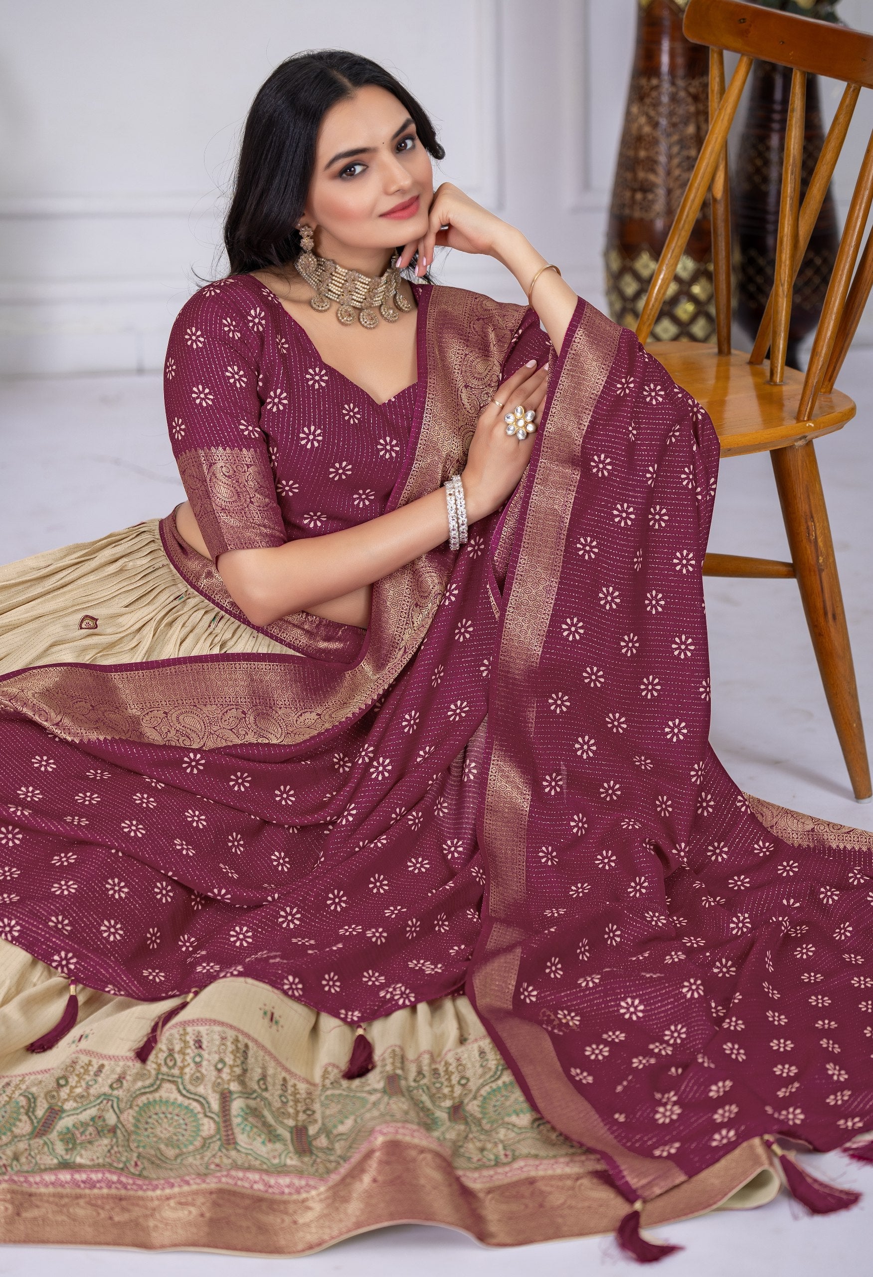 DEIANA'S Jacquard With Jari Lining With Print Lehenga Choli - Off White - Distacart
