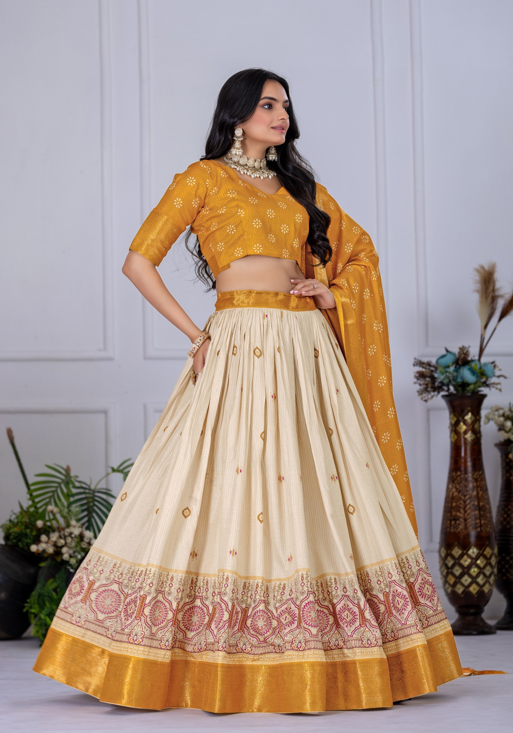DEIANA'S Jacquard With Jari Lining With Print Lehenga Choli - Off White - Distacart