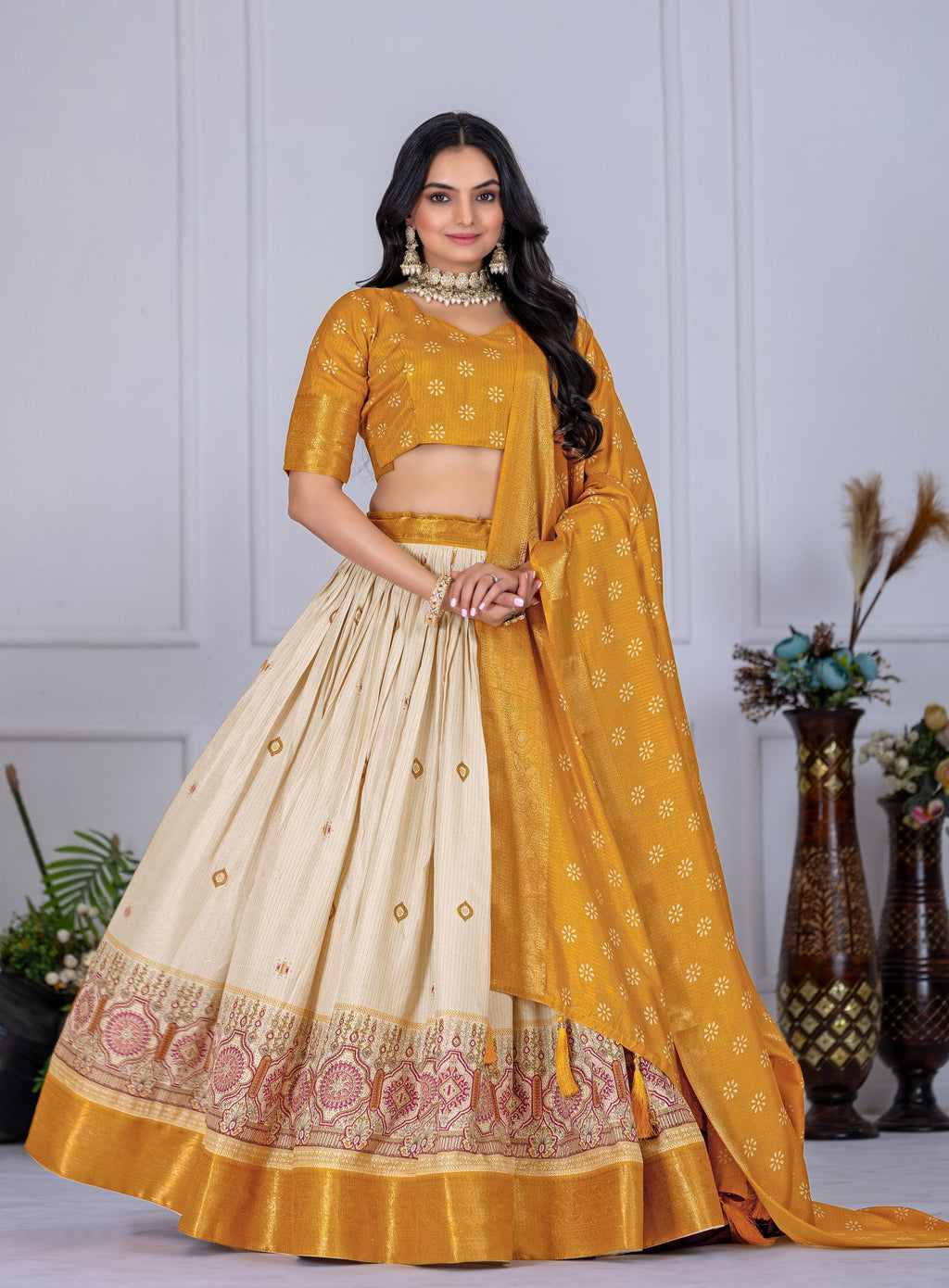 DEIANA'S Jacquard With Jari Lining With Print Lehenga Choli - Off White - Distacart