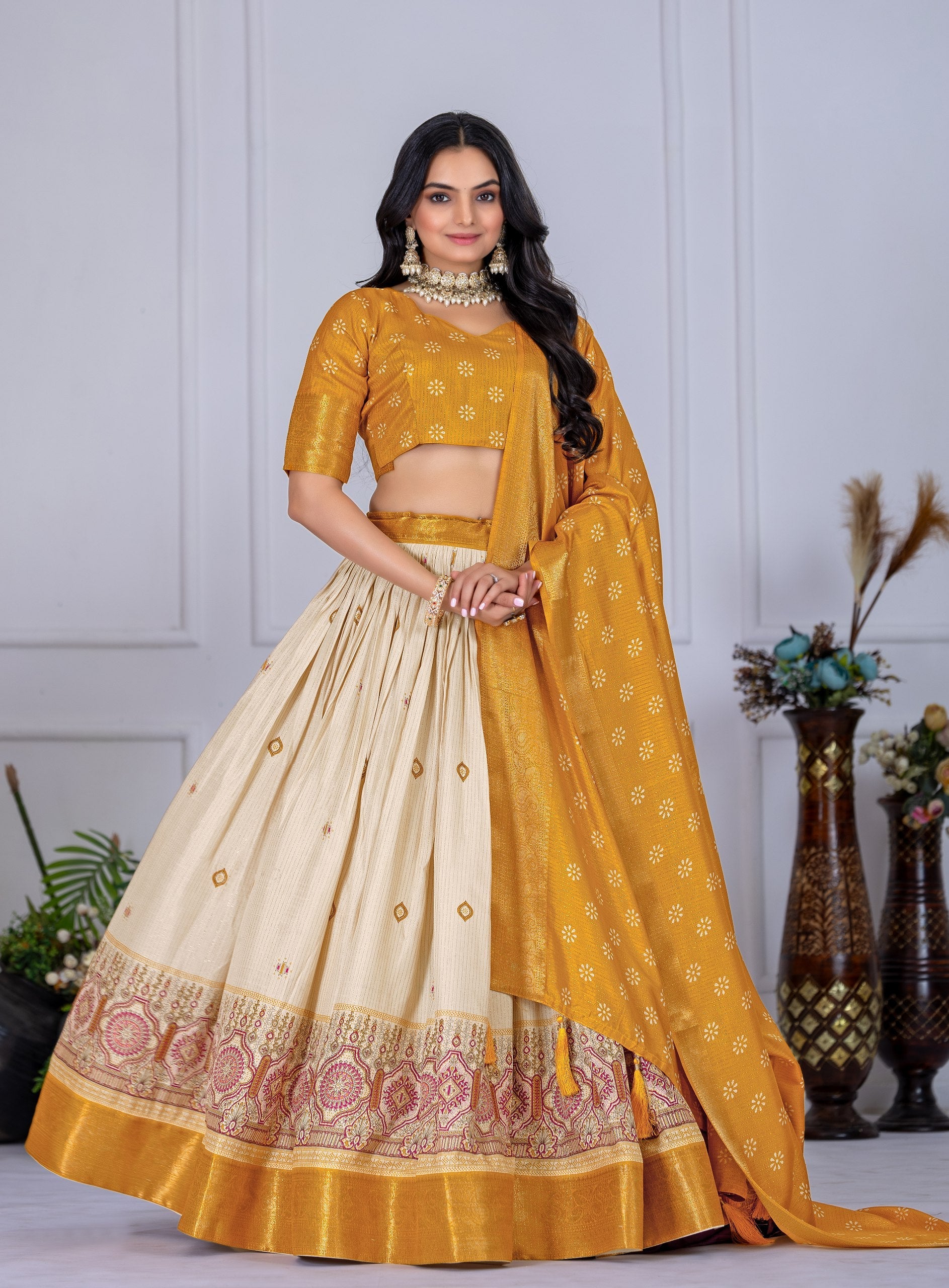 DEIANA'S Jacquard With Jari Lining With Print Lehenga Choli - Off White - Distacart