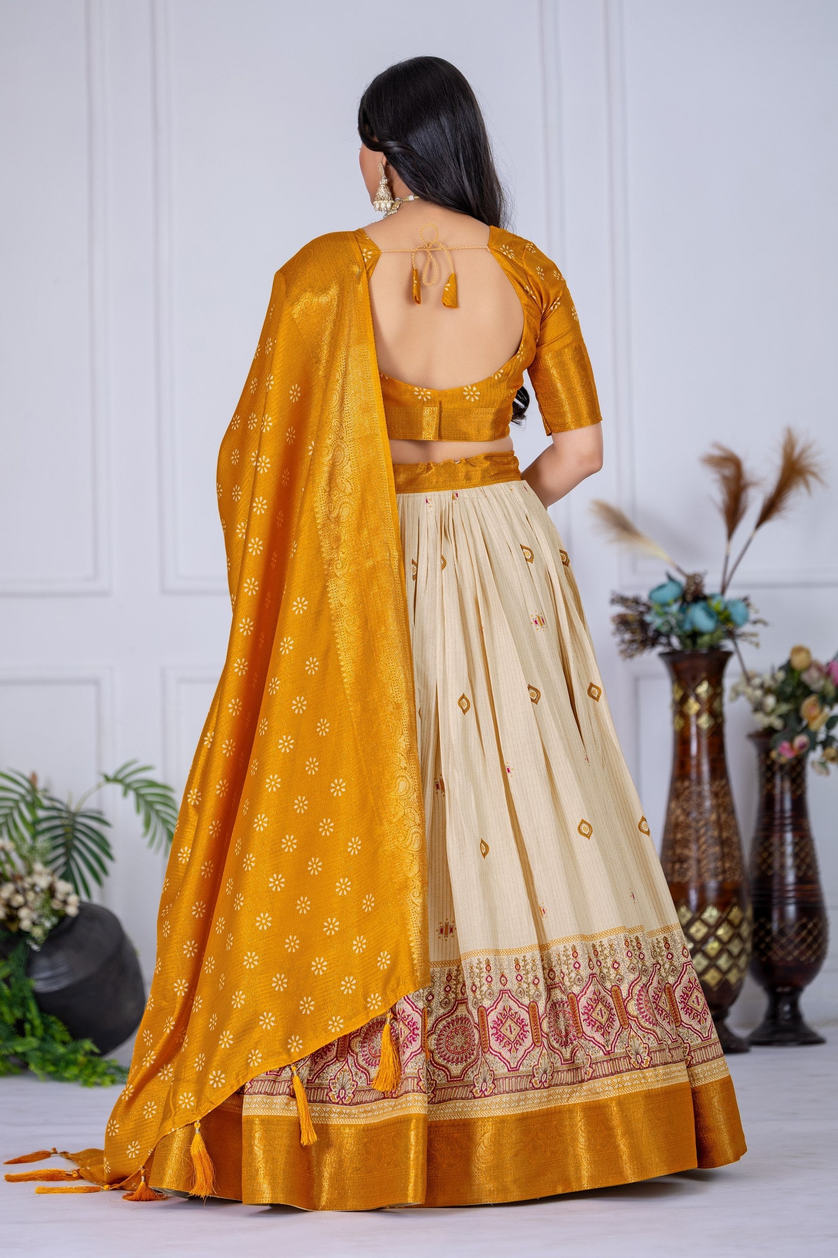 DEIANA'S Jacquard With Jari Lining With Print Lehenga Choli - Off White - Distacart