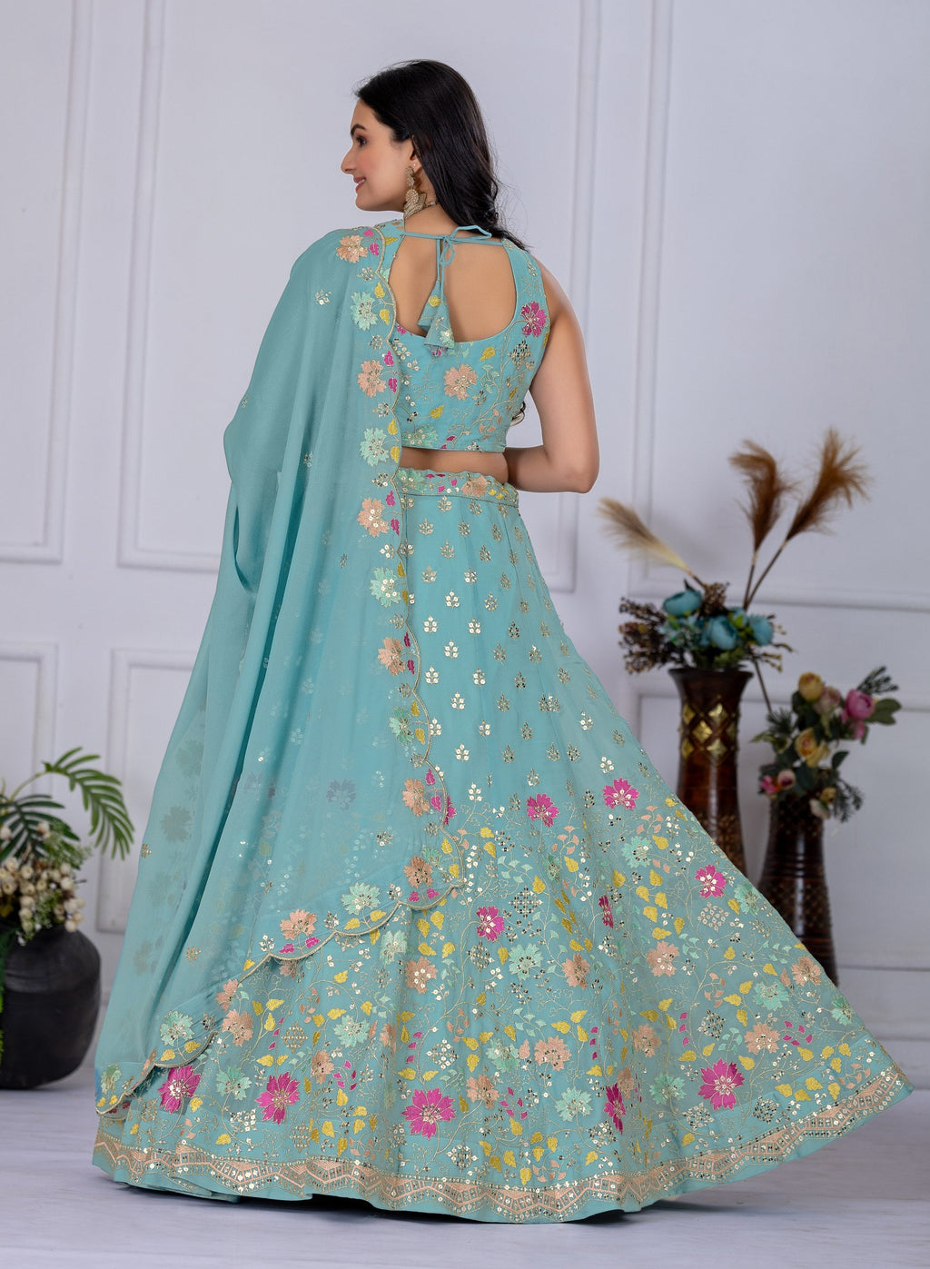 DEIANA'S Heavy Embroidery With Multi Thread Work Lehenga Choli - Firozi - Distacart