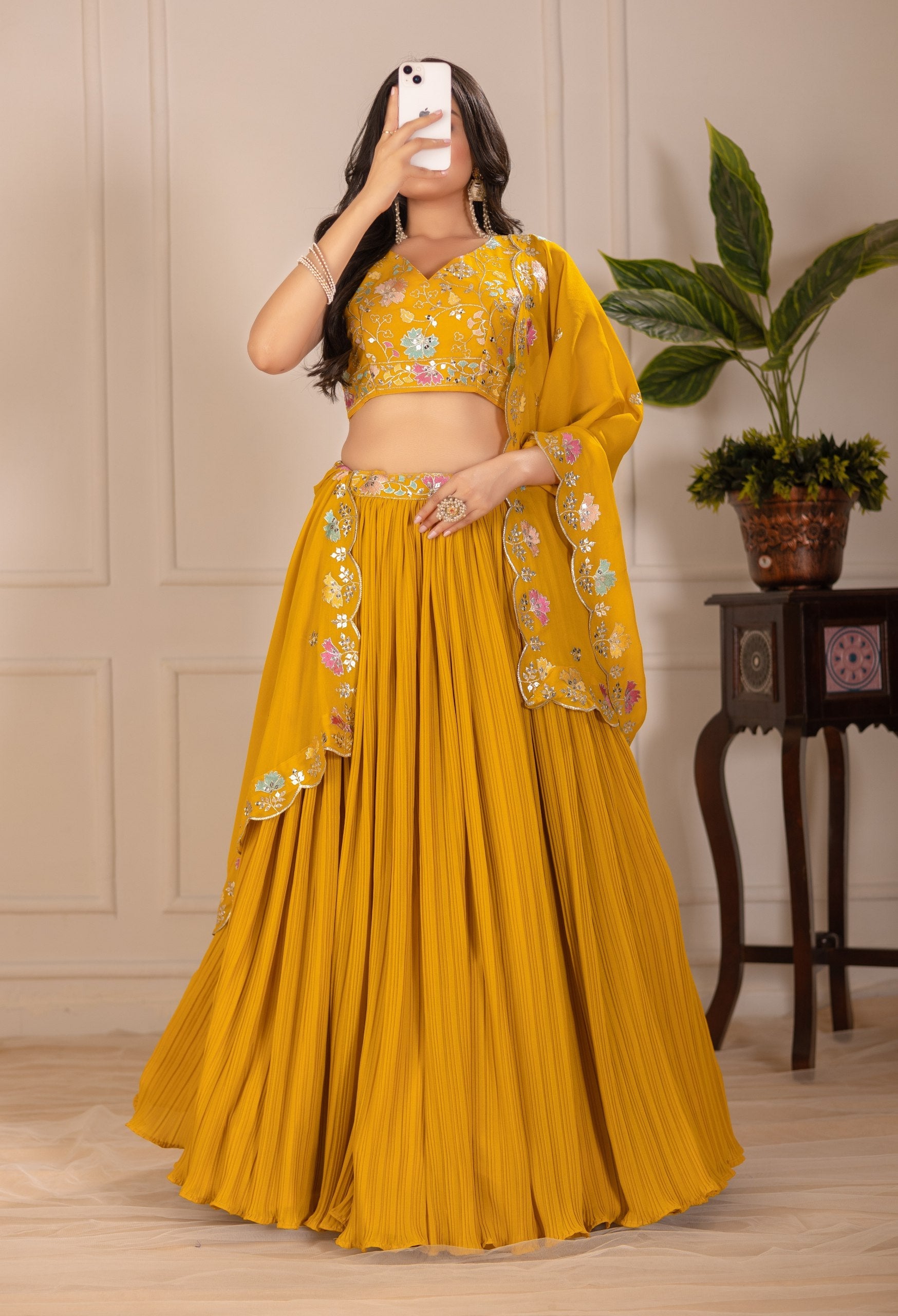DEIANA'S Heavy Plain with crease work Lehenga Choli - Yellow - Distacart