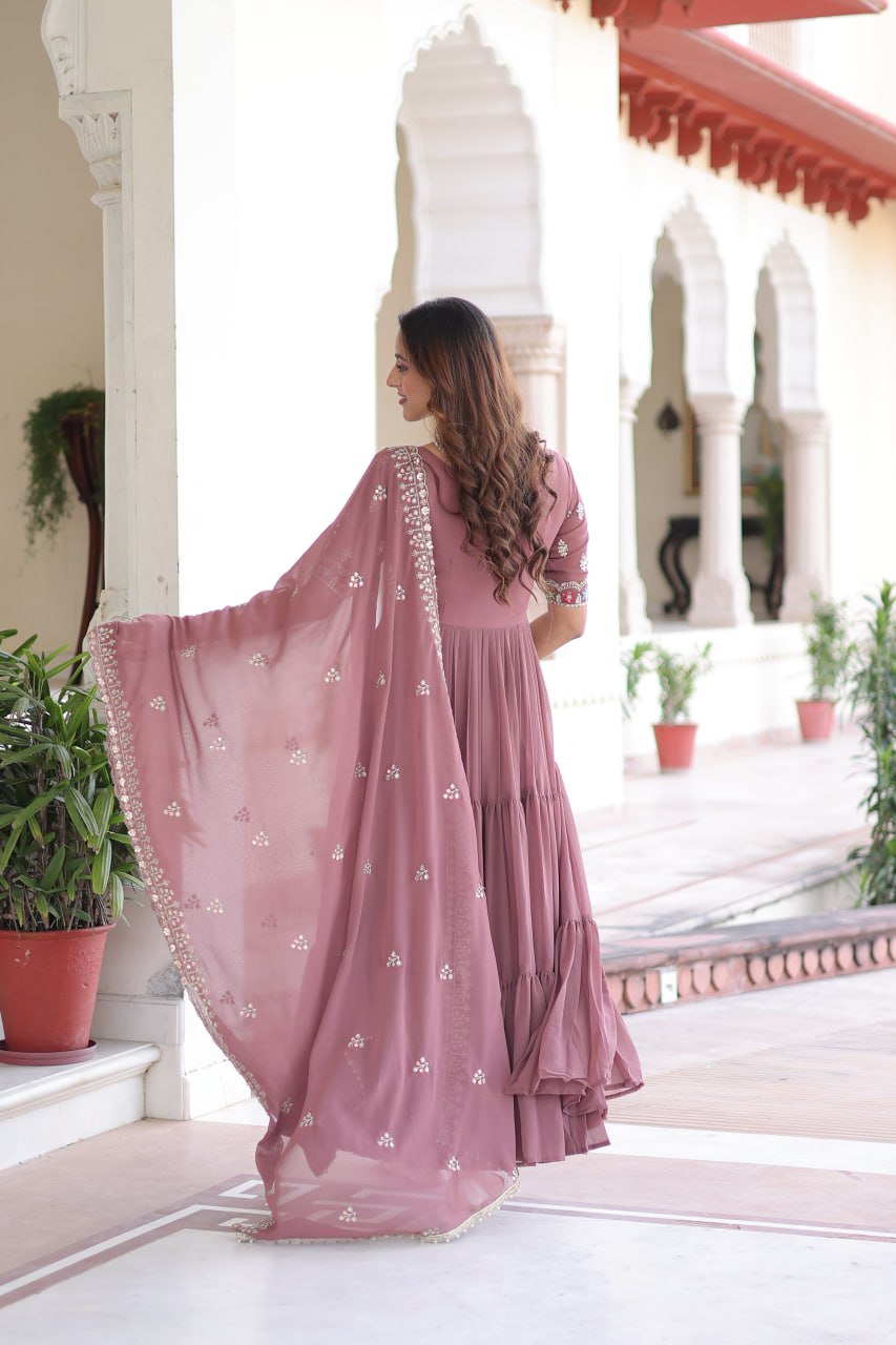 Evanik Women Faux Blooming With Beads Embroidery Work Gown Dupatta Collection - Distacart