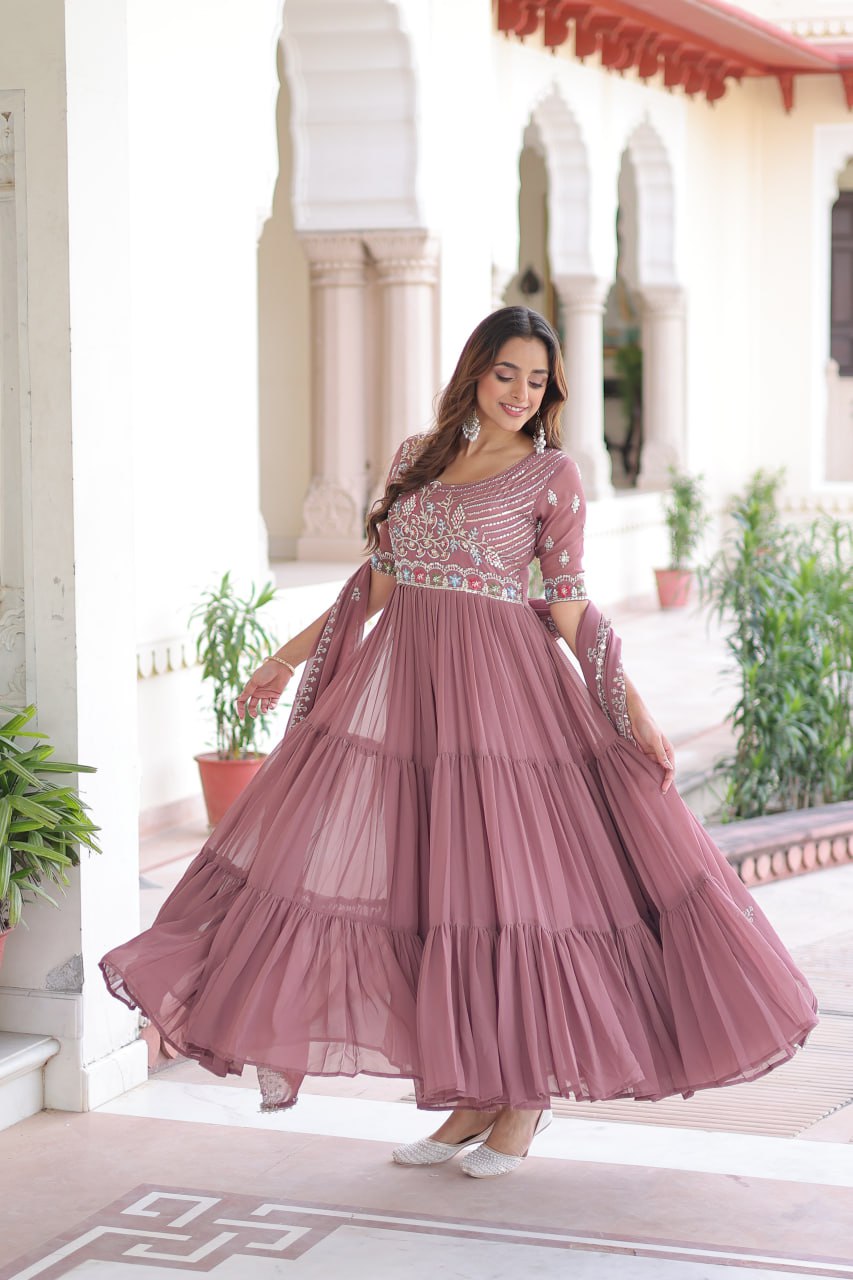 Evanik Women Faux Blooming With Beads Embroidery Work Gown Dupatta Collection - Distacart