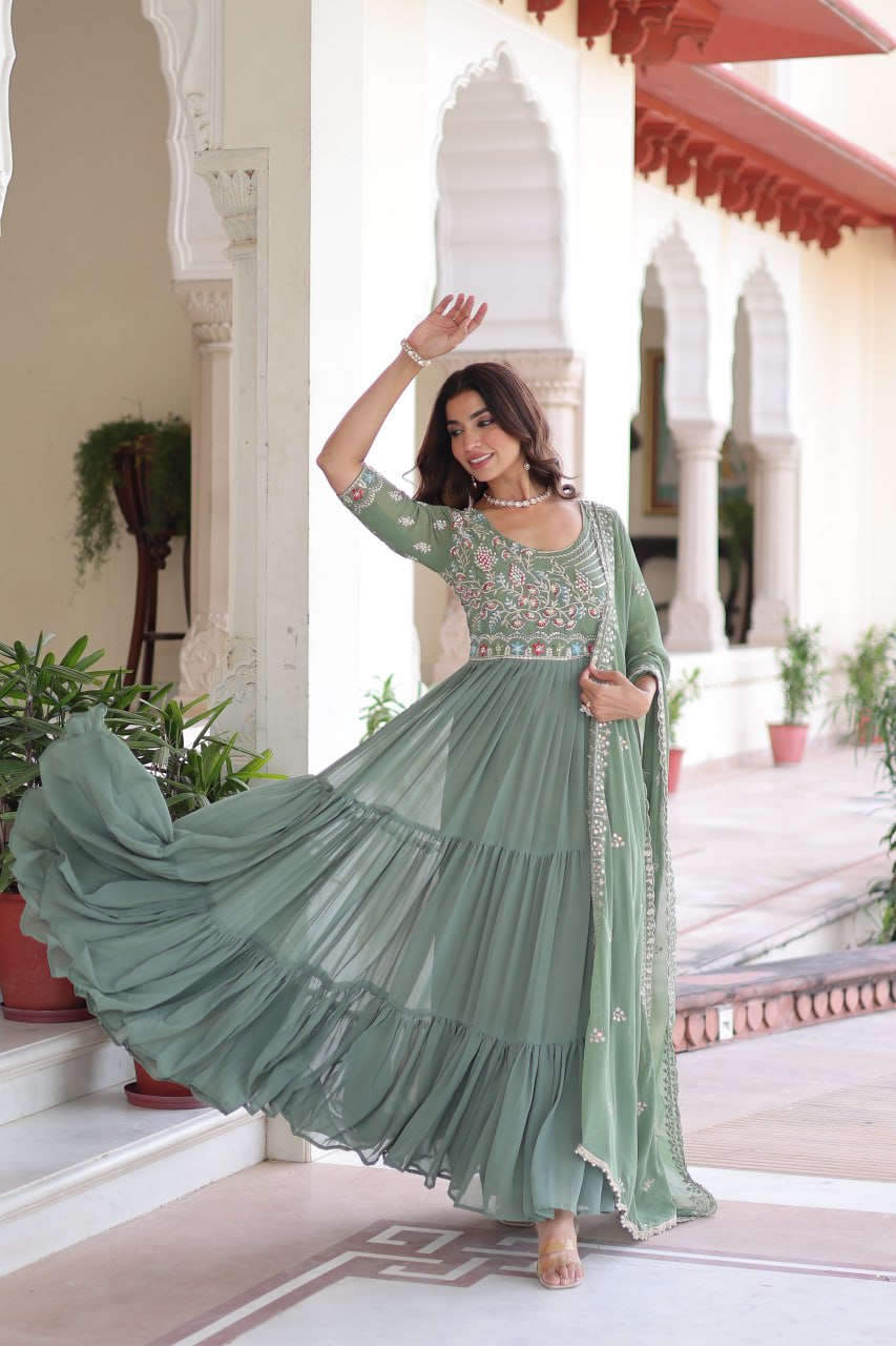 Evanik Women Faux Blooming With Beads Embroidery Work Gown Dupatta Collection - Distacart
