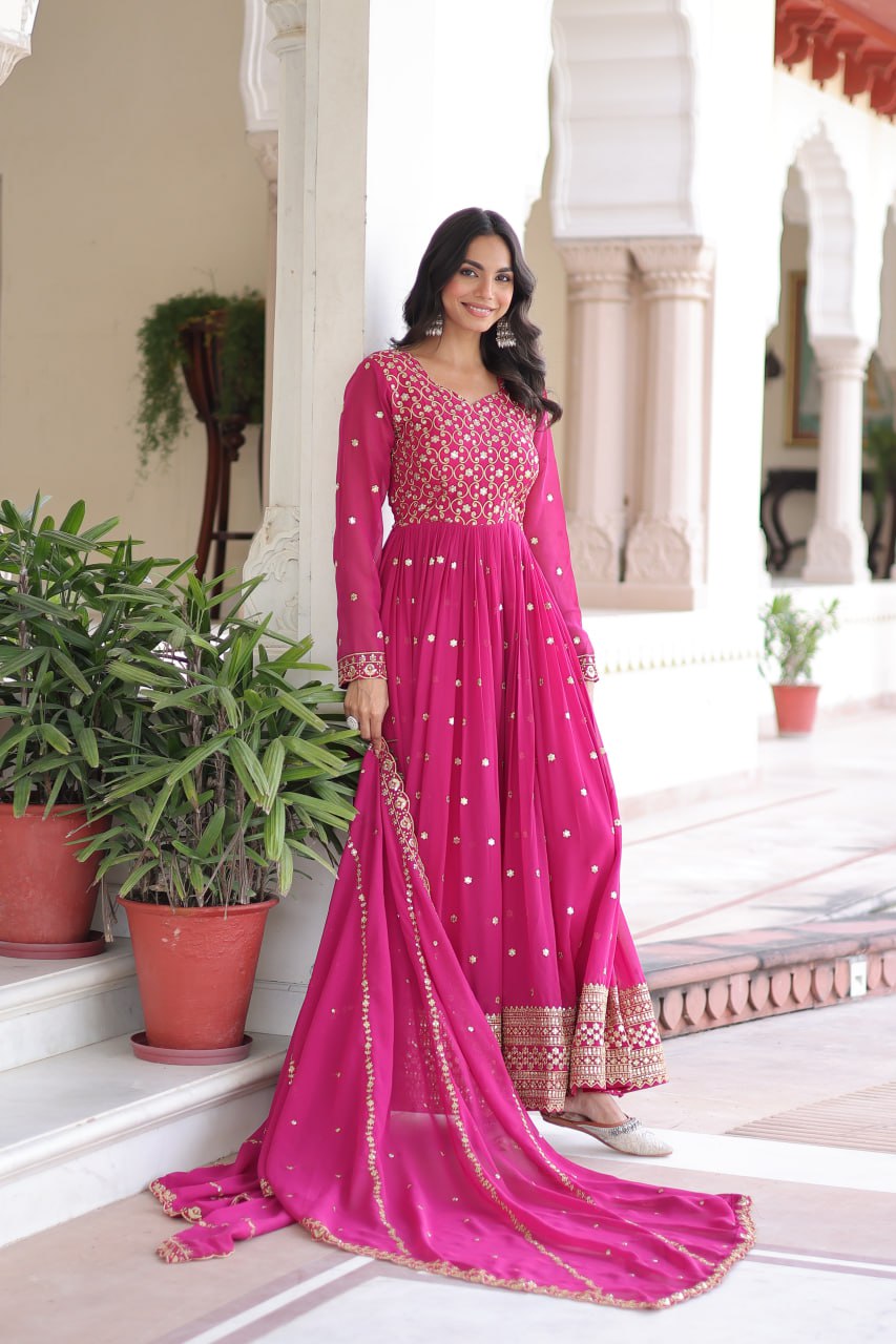 Evanik Rani Pink Faux Georgette with Rich Sequins & Zari Embroidered work Gown - Distacart