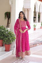 Evanik Rani Pink Faux Georgette with Rich Sequins & Zari Embroidered work Gown - Distacart