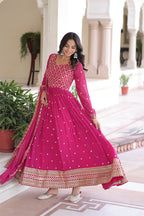 Evanik Rani Pink Faux Georgette with Rich Sequins & Zari Embroidered work Gown - Distacart
