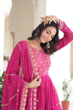 Evanik Rani Pink Faux Georgette with Rich Sequins & Zari Embroidered work Gown - Distacart