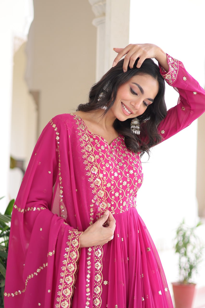 Evanik Rani Pink Faux Georgette with Rich Sequins & Zari Embroidered work Gown - Distacart