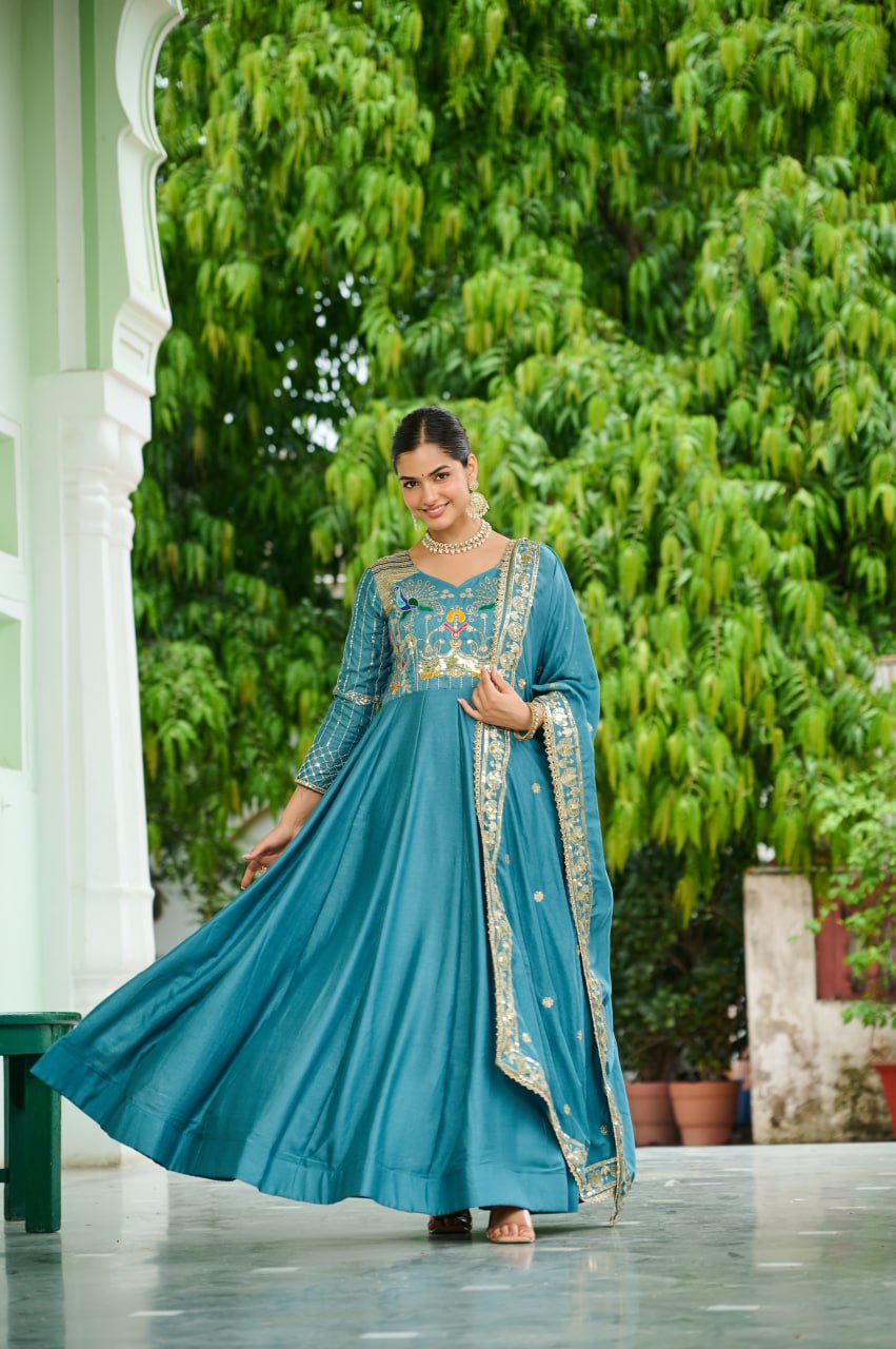 Evanik Women Vichitra Silk with Rich Sequins, Multi Thread & Zari Embroidered work Wedding Gown - Distacart