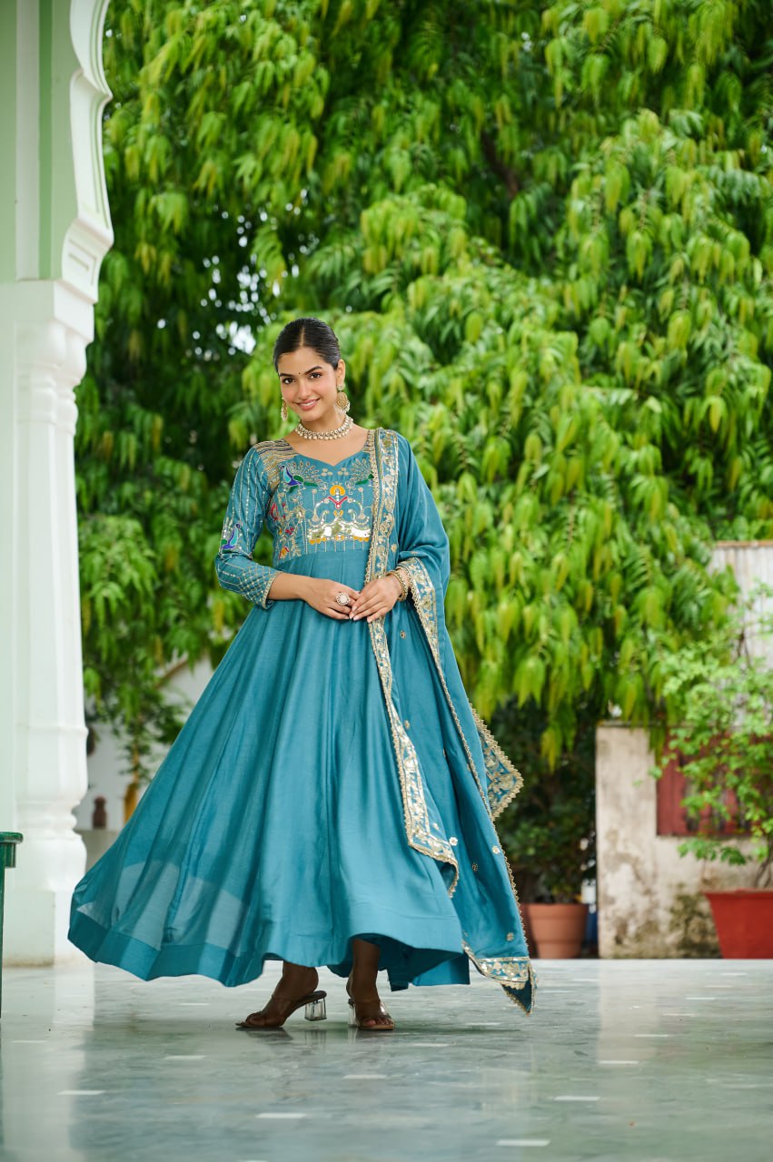 Evanik Women Vichitra Silk with Rich Sequins, Multi Thread & Zari Embroidered work Wedding Gown - Distacart