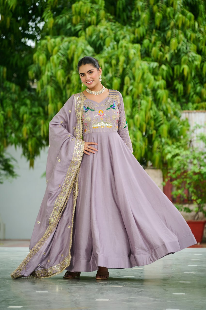 Evanik Women Vichitra Silk with Rich Sequins, Multi Thread & Zari Embroidered work Wedding Gown - Distacart