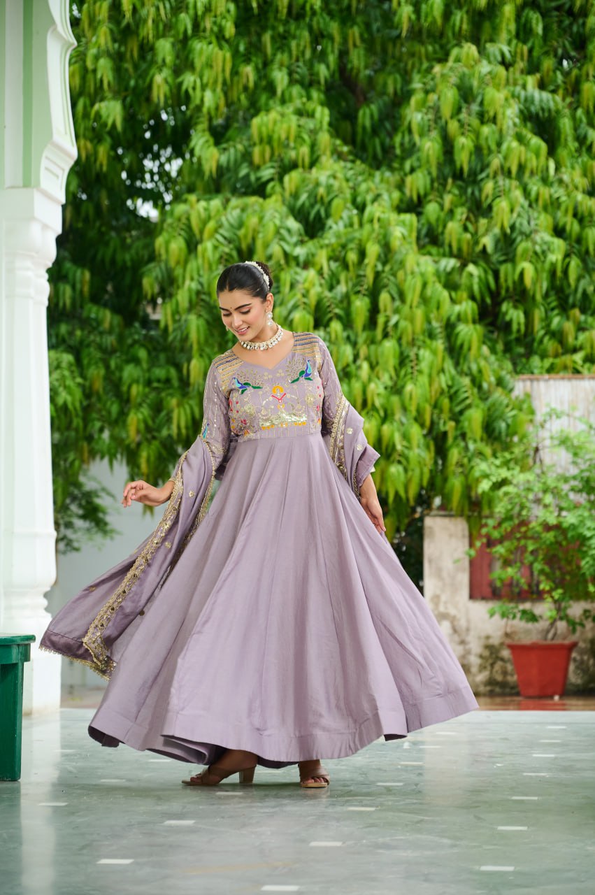 Evanik Women Vichitra Silk with Rich Sequins, Multi Thread & Zari Embroidered work Wedding Gown - Distacart
